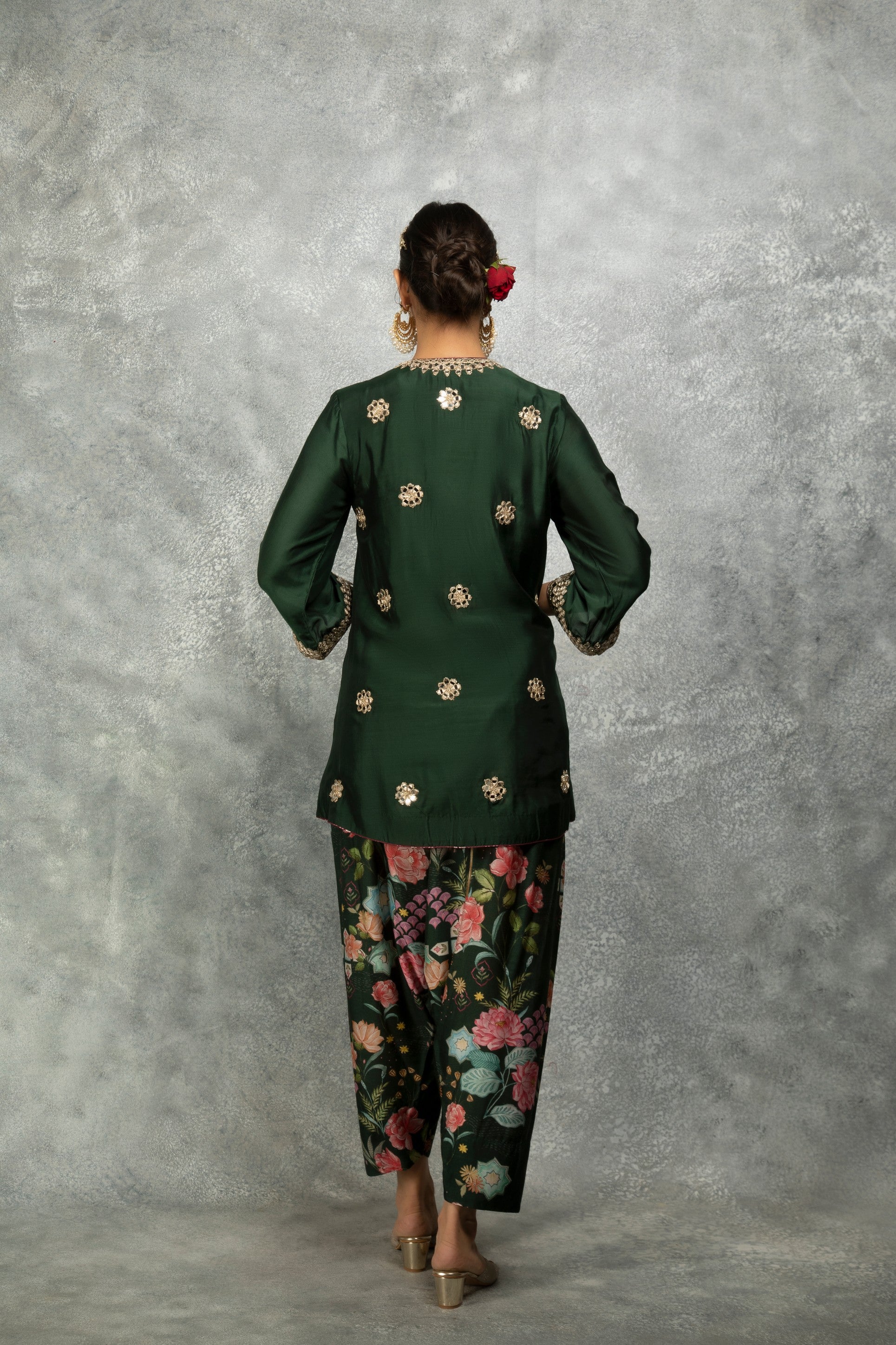Green Mirror Embroidered Angrakha with Printed Pants & Dupatta Set of 3
