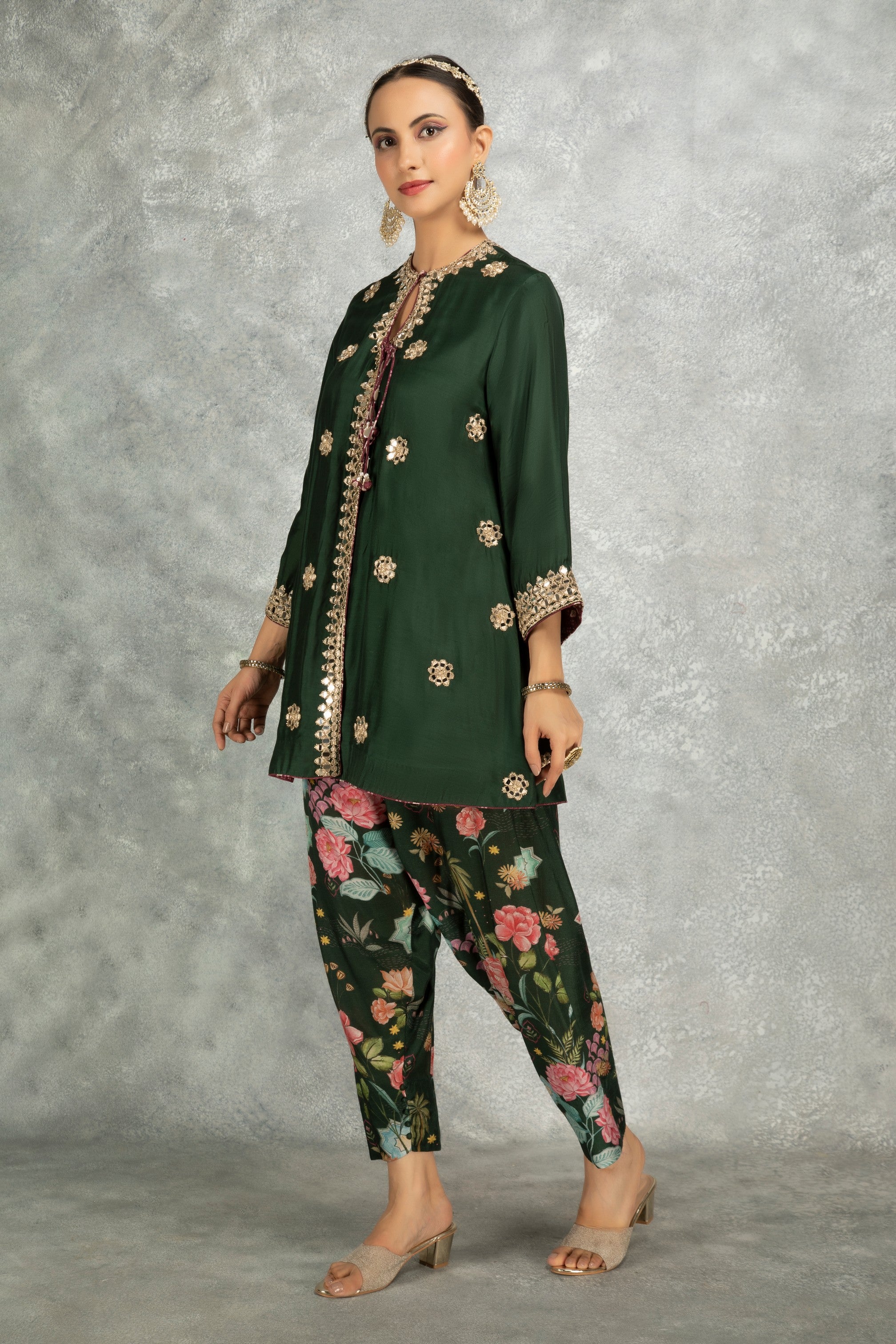 Green Mirror Embroidered Angrakha with Printed Pants & Dupatta Set of 3