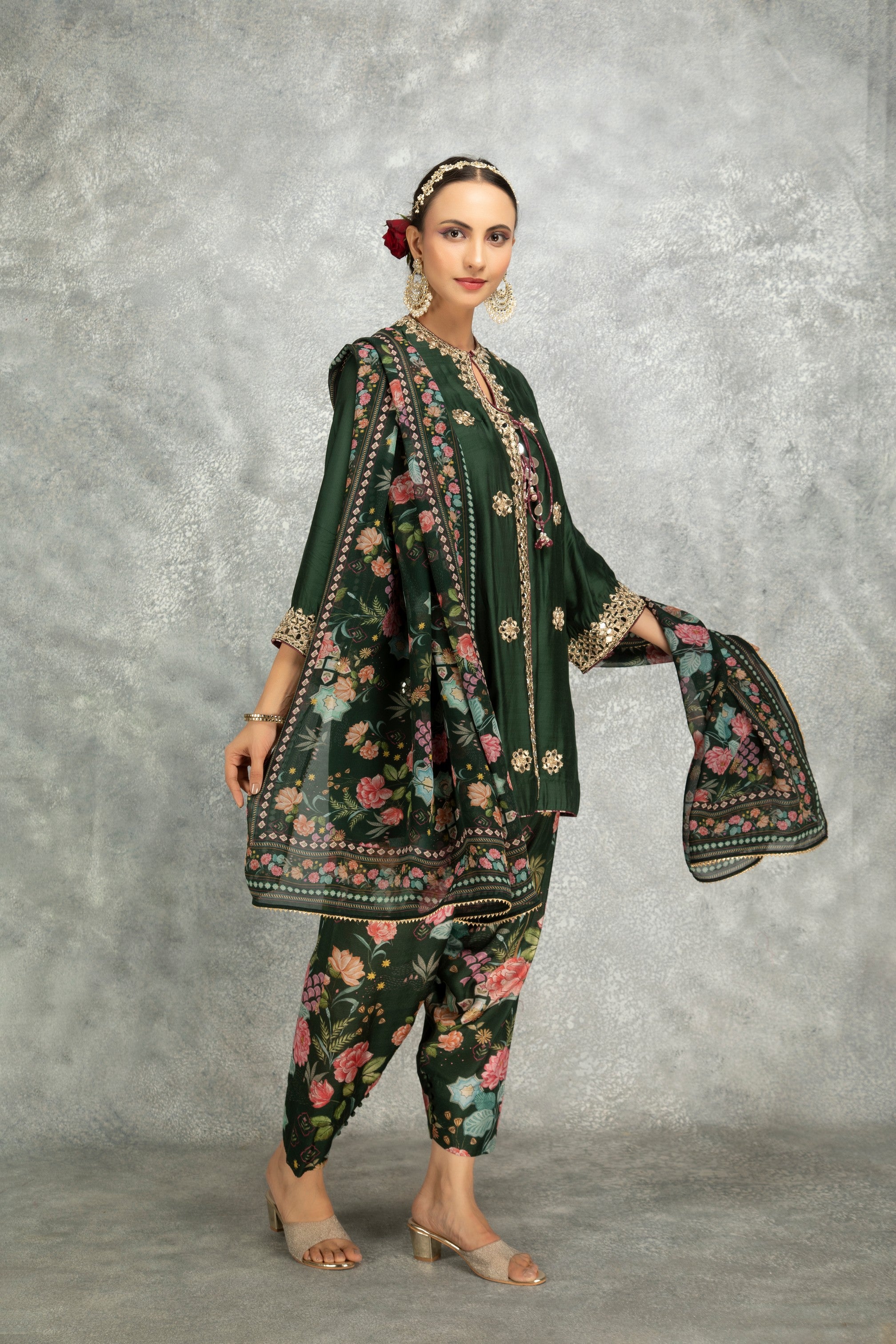 Green Mirror Embroidered Angrakha with Printed Pants & Dupatta Set of 3