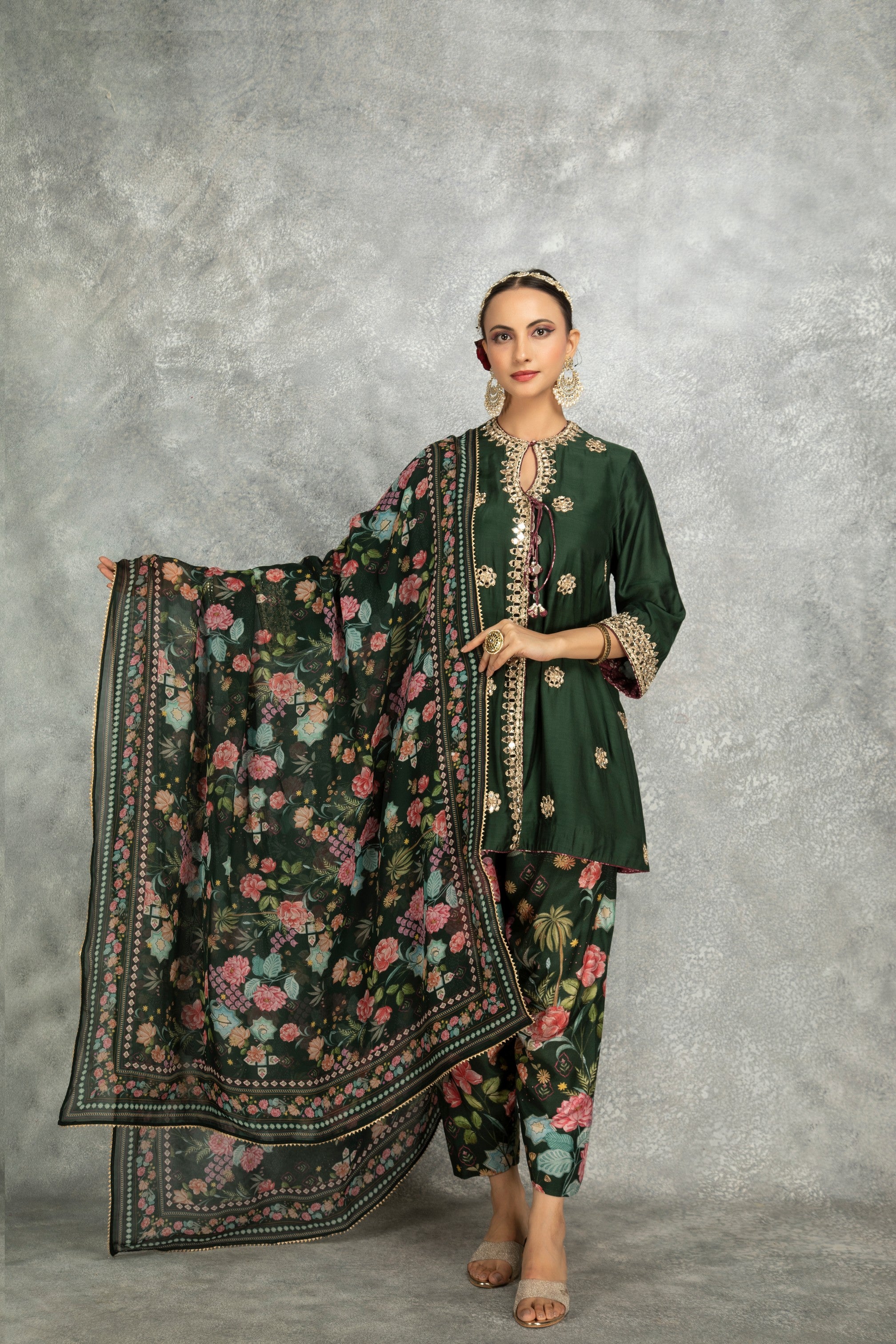 Green Mirror Embroidered Angrakha with Printed Pants & Dupatta Set of 3