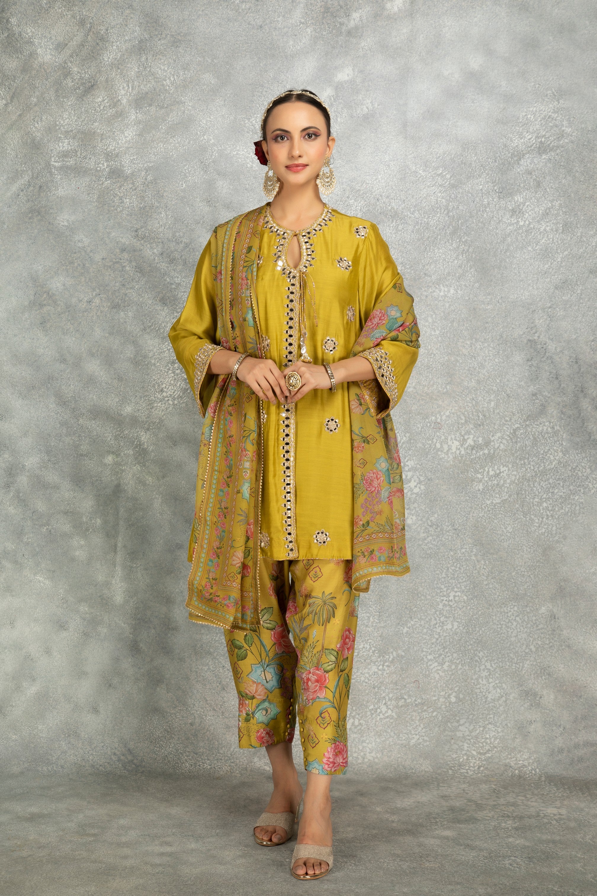 Mustard Green Mirror Embroidered Angrakha with Printed Pants & Dupatta Set of 3