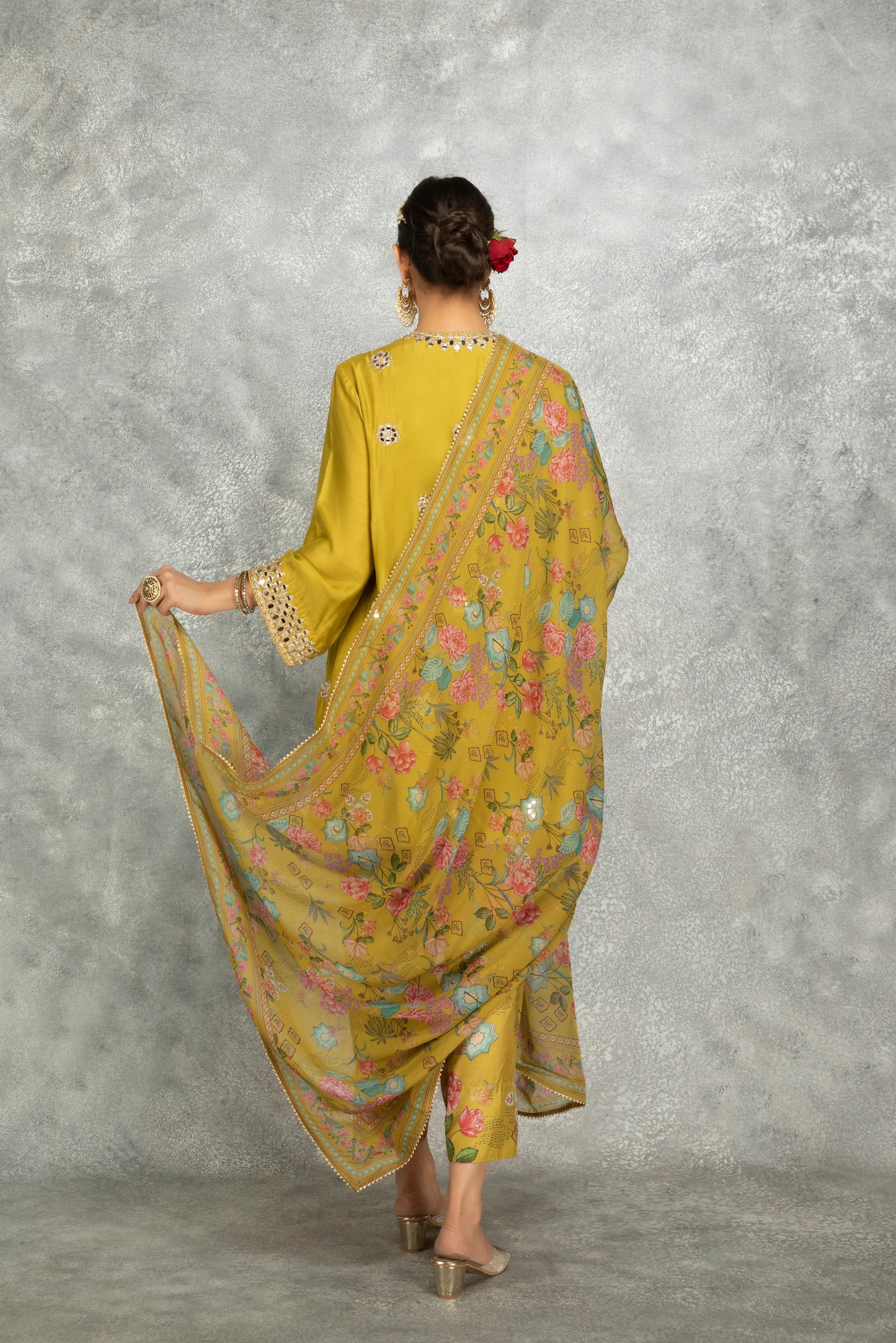 Mustard Green Mirror Embroidered Angrakha with Printed Pants & Dupatta Set of 3