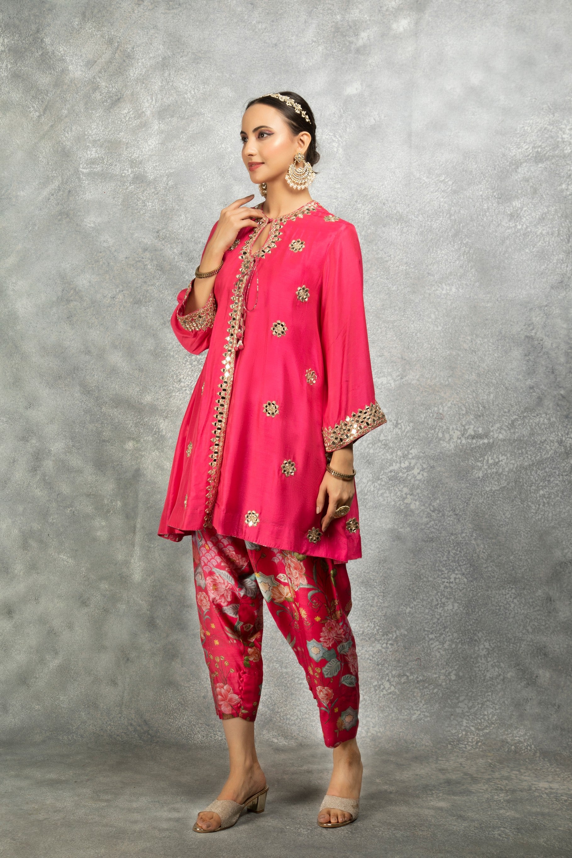 Hot Pink Mirror Embroidered Angrakha with Printed Pants & Dupatta Set of 3