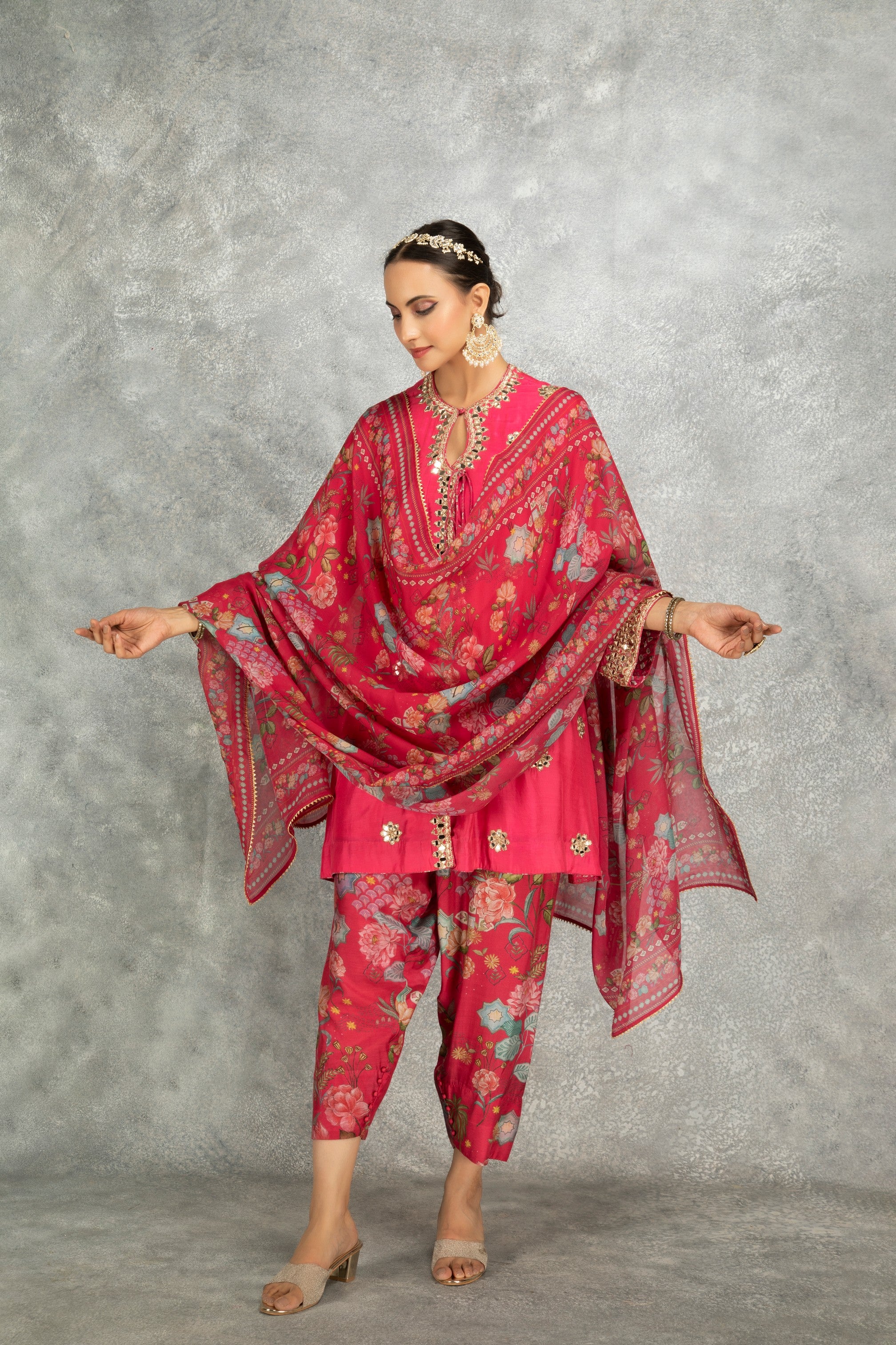 Hot Pink Mirror Embroidered Angrakha with Printed Pants & Dupatta Set of 3