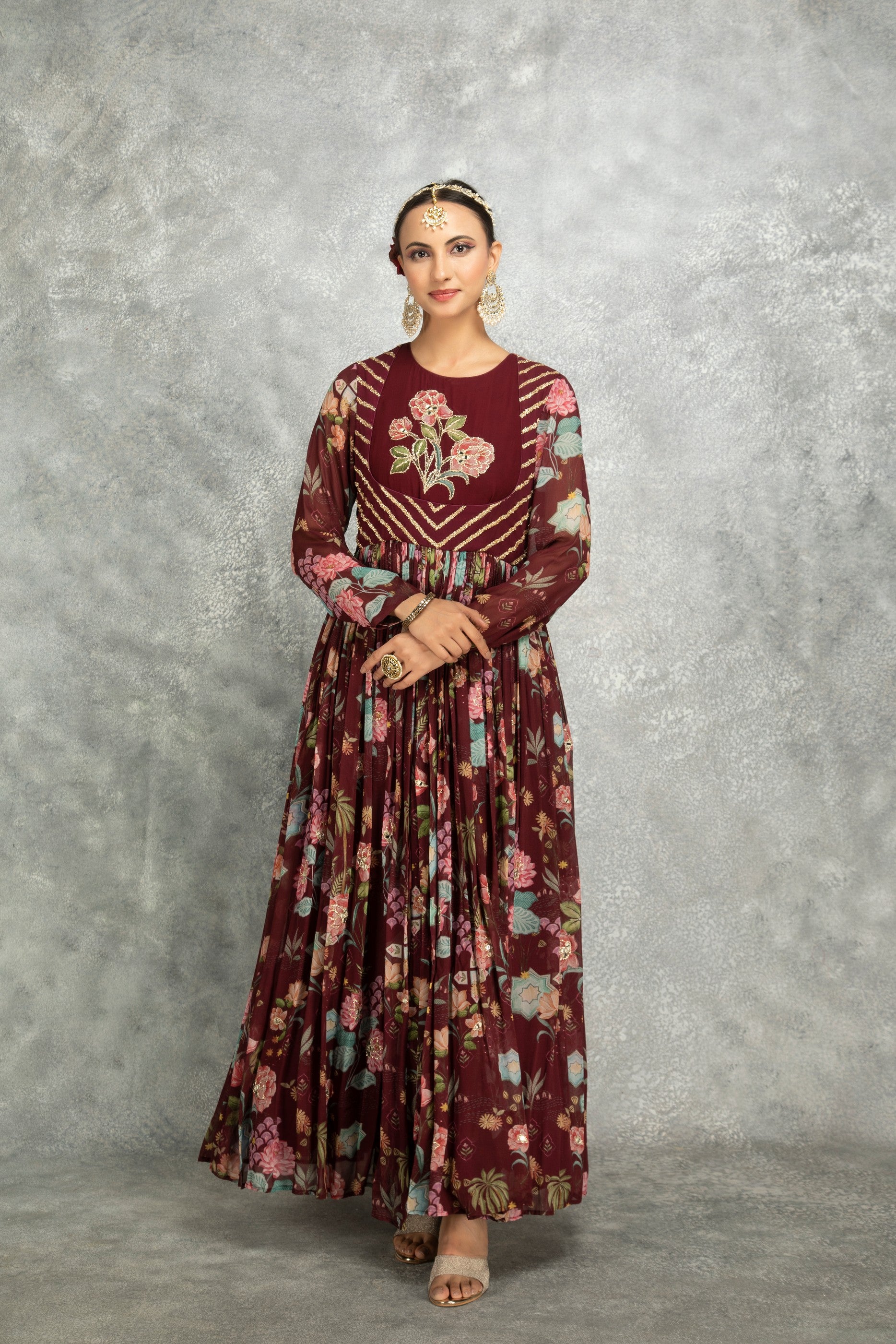 Wine Mirror Work Anarkali with Scalloping Dupatta Set of 3