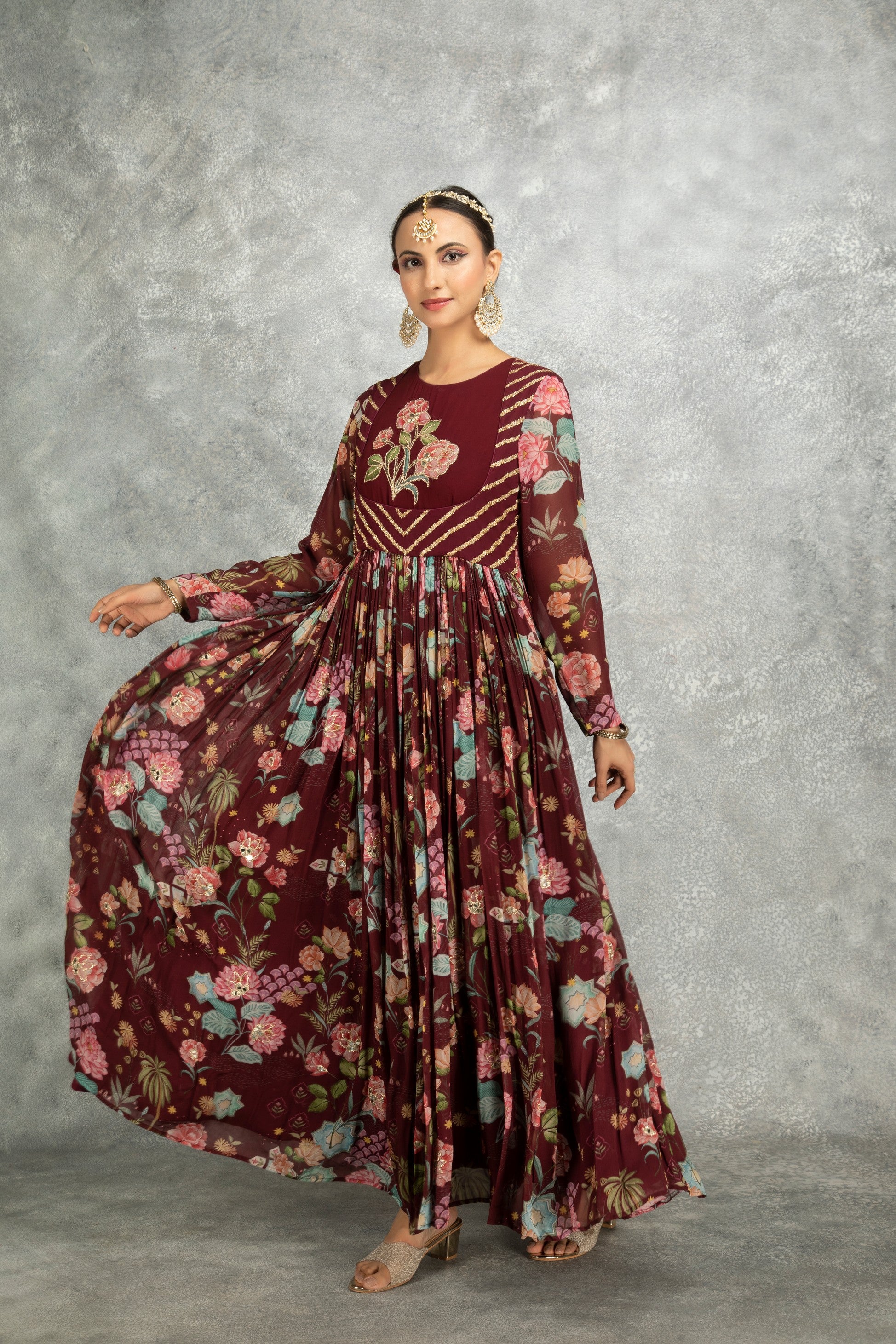 Wine Mirror Work Anarkali with Scalloping Dupatta Set of 3