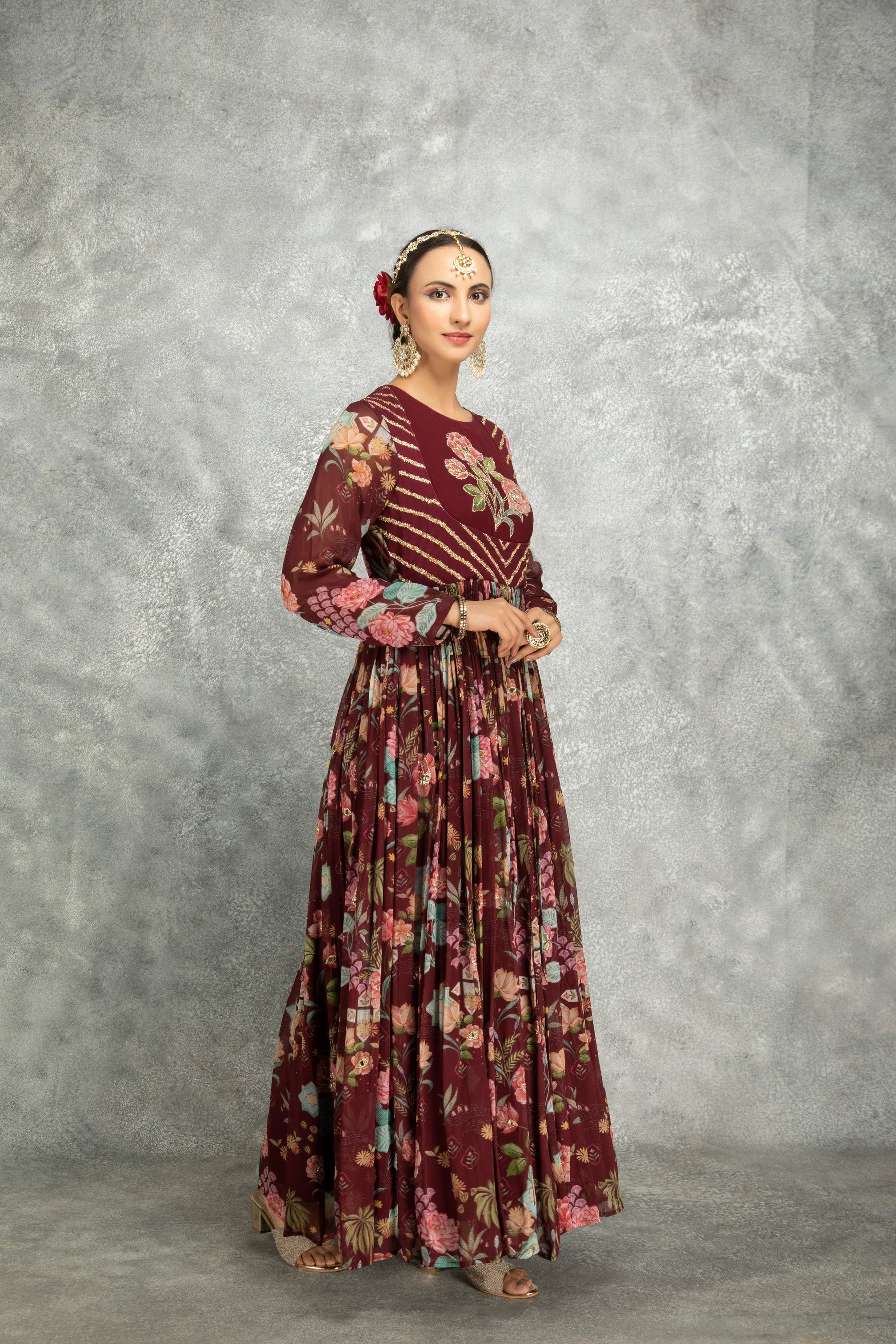Wine Mirror Work Anarkali with Scalloping Dupatta Set of 3