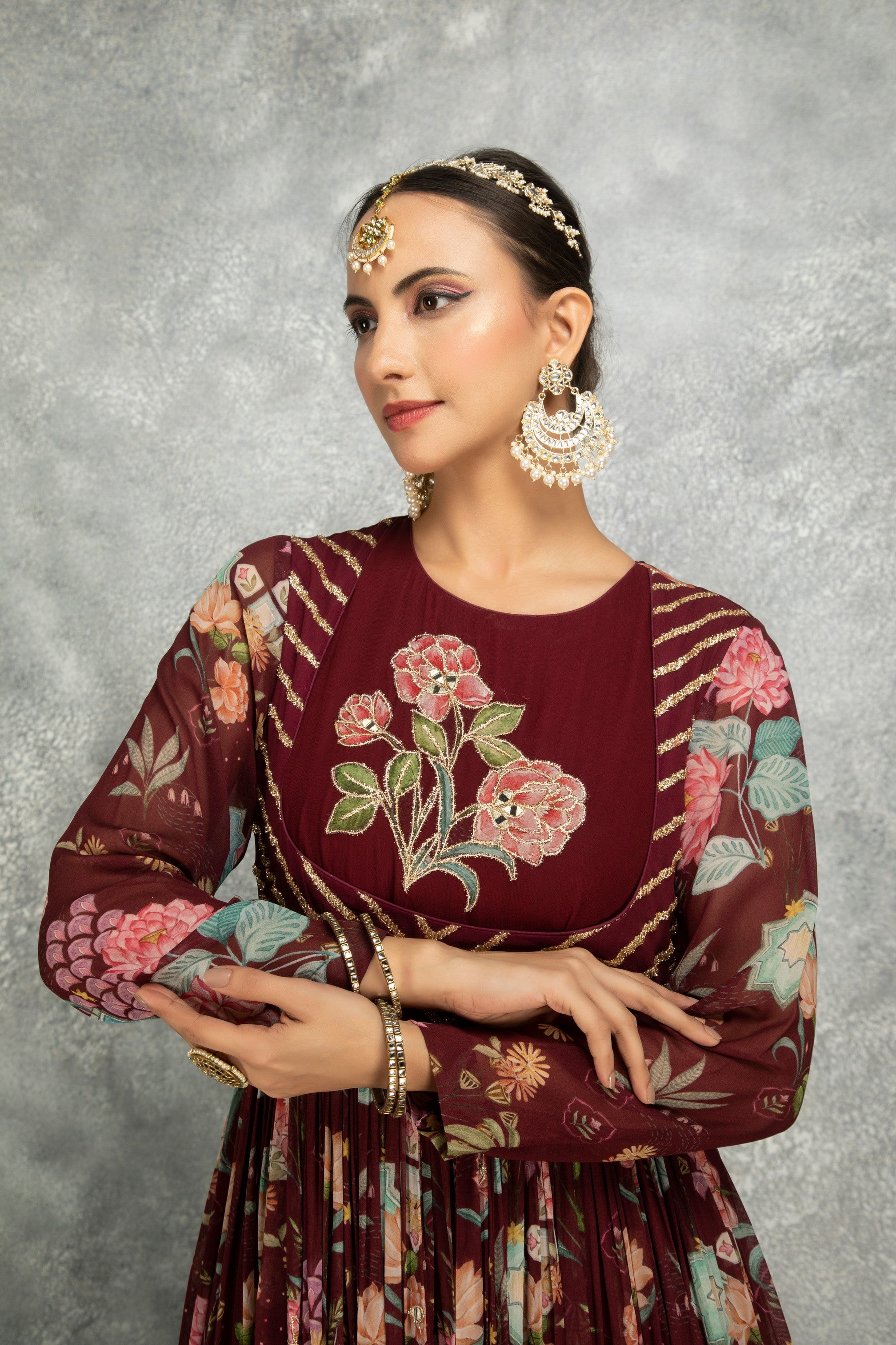 Wine Mirror Work Anarkali with Scalloping Dupatta Set of 3