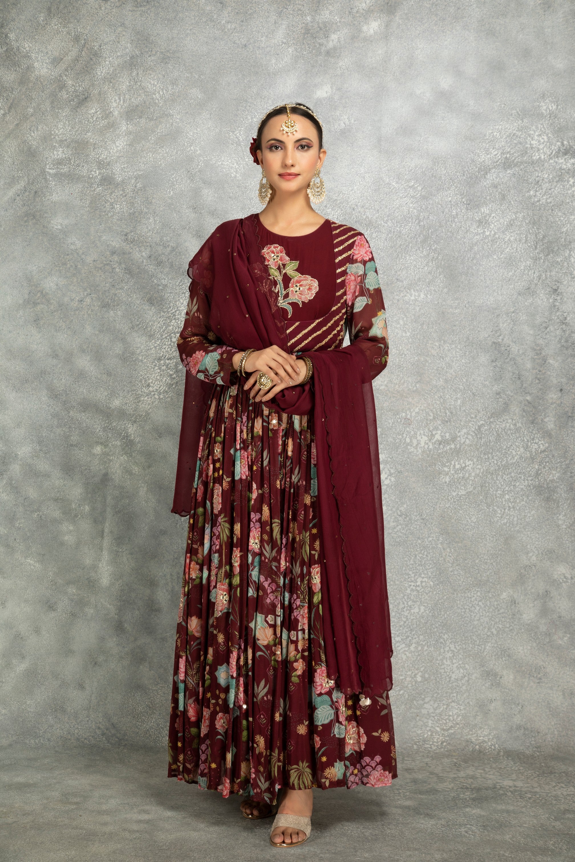 Wine Mirror Work Anarkali with Scalloping Dupatta Set of 3