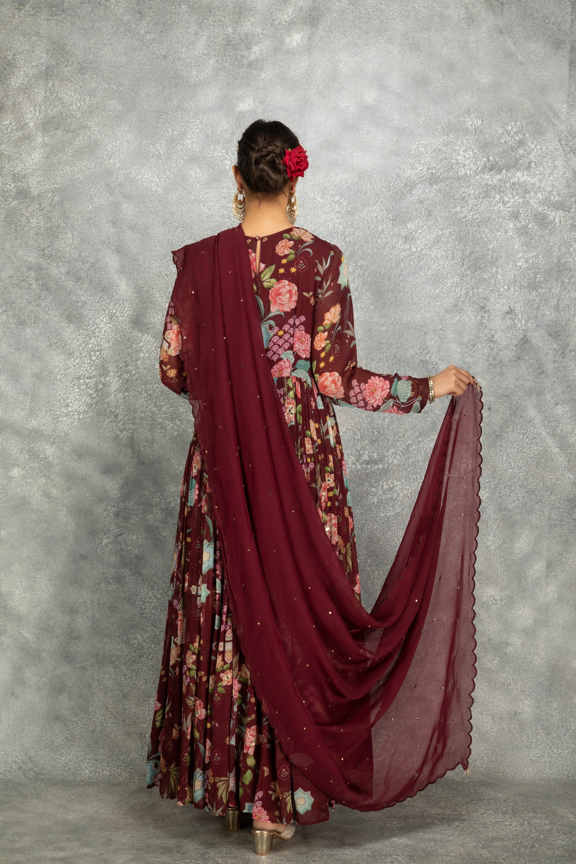 Wine Mirror Work Anarkali with Scalloping Dupatta Set of 3