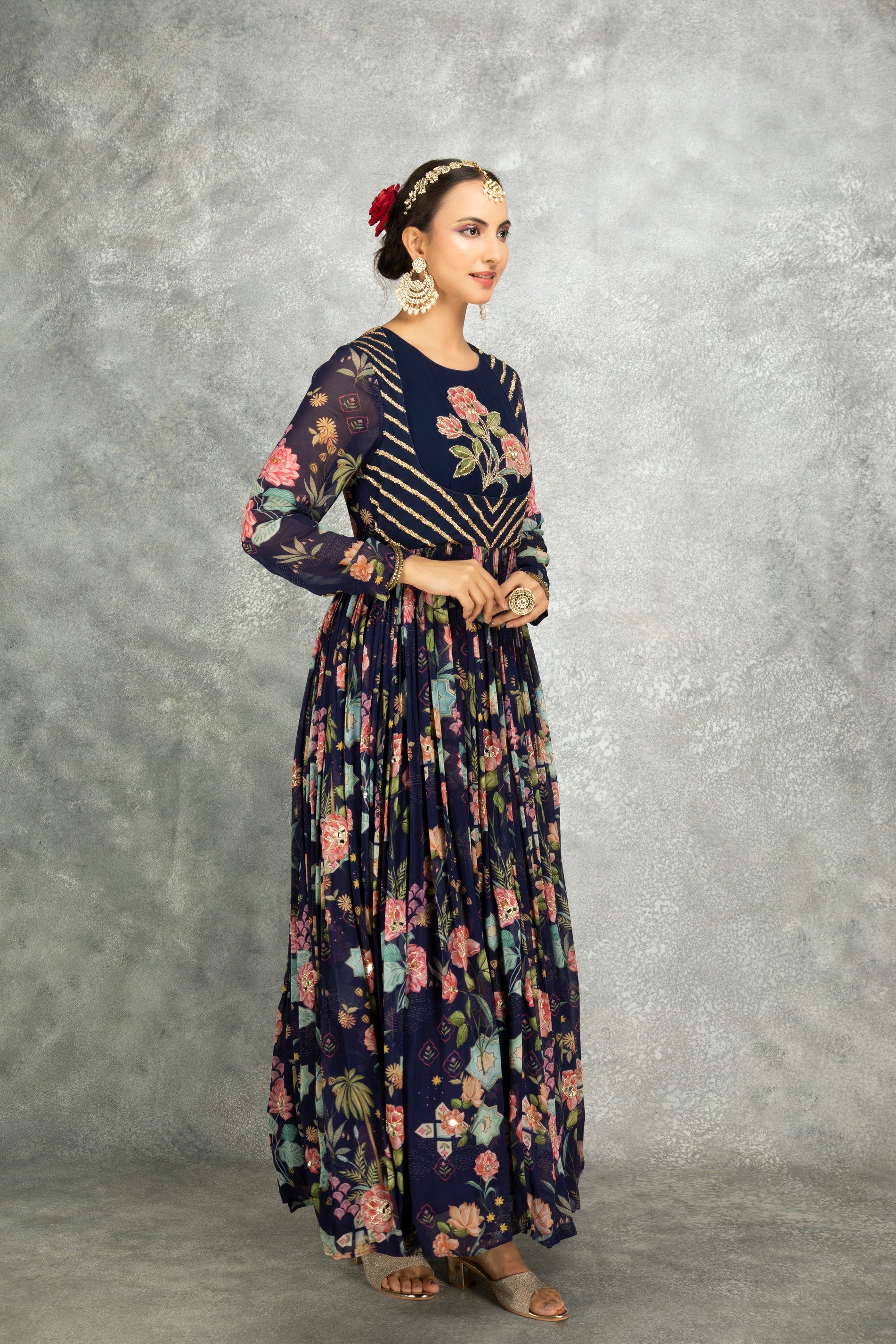 Blue Mirror Work Anarkali with Scalloping Dupatta Set of 3