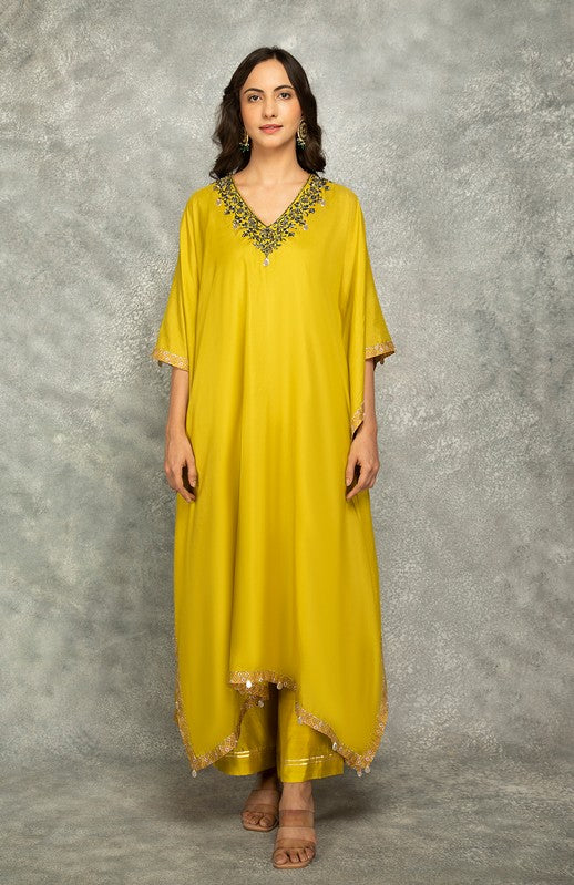 Mustard Green Embroidered Kaftaan Set of 2