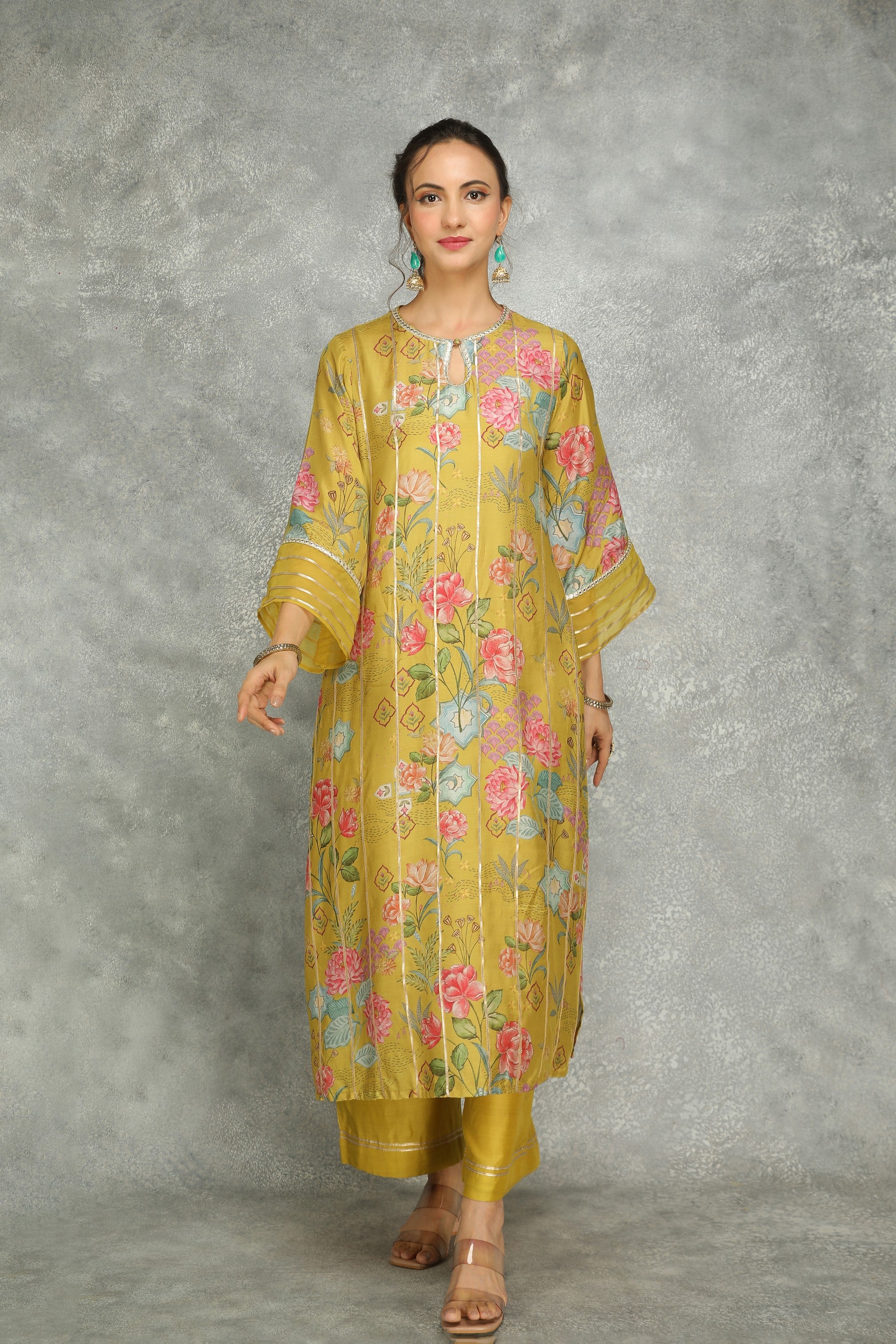Mustard Green Printed Kurta with Pants and Dupatta Set of 3