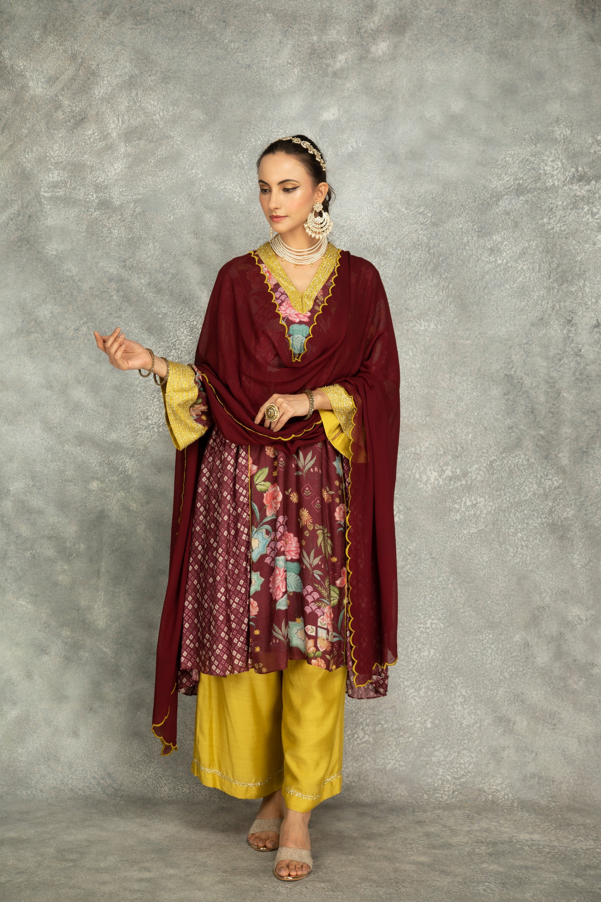 Old Wine Side Panel Buti Kurta with Scalloping Dupatta