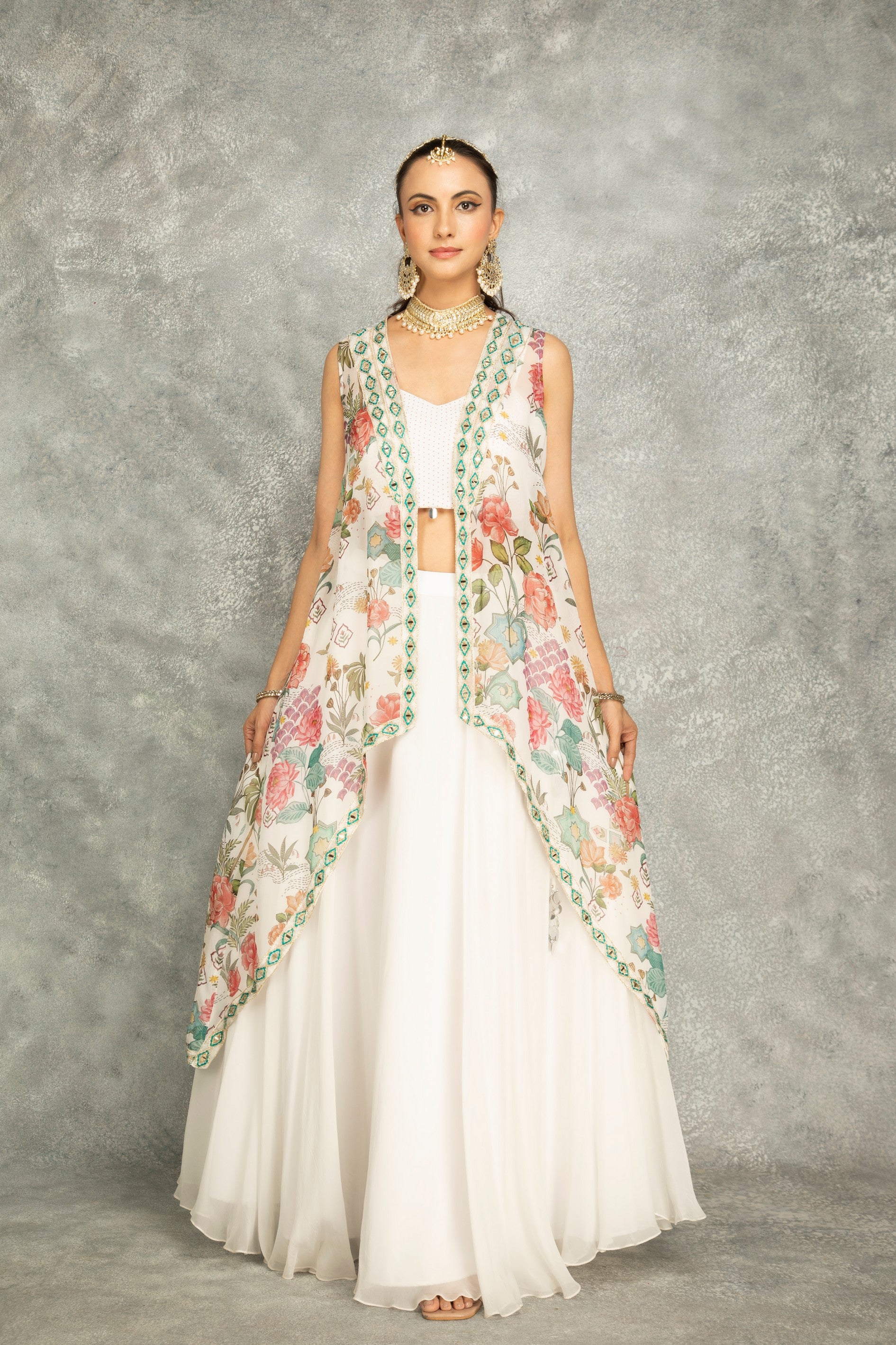 Peach Mirror Embroidered Cape w/Skirt and Crop Top Bustier