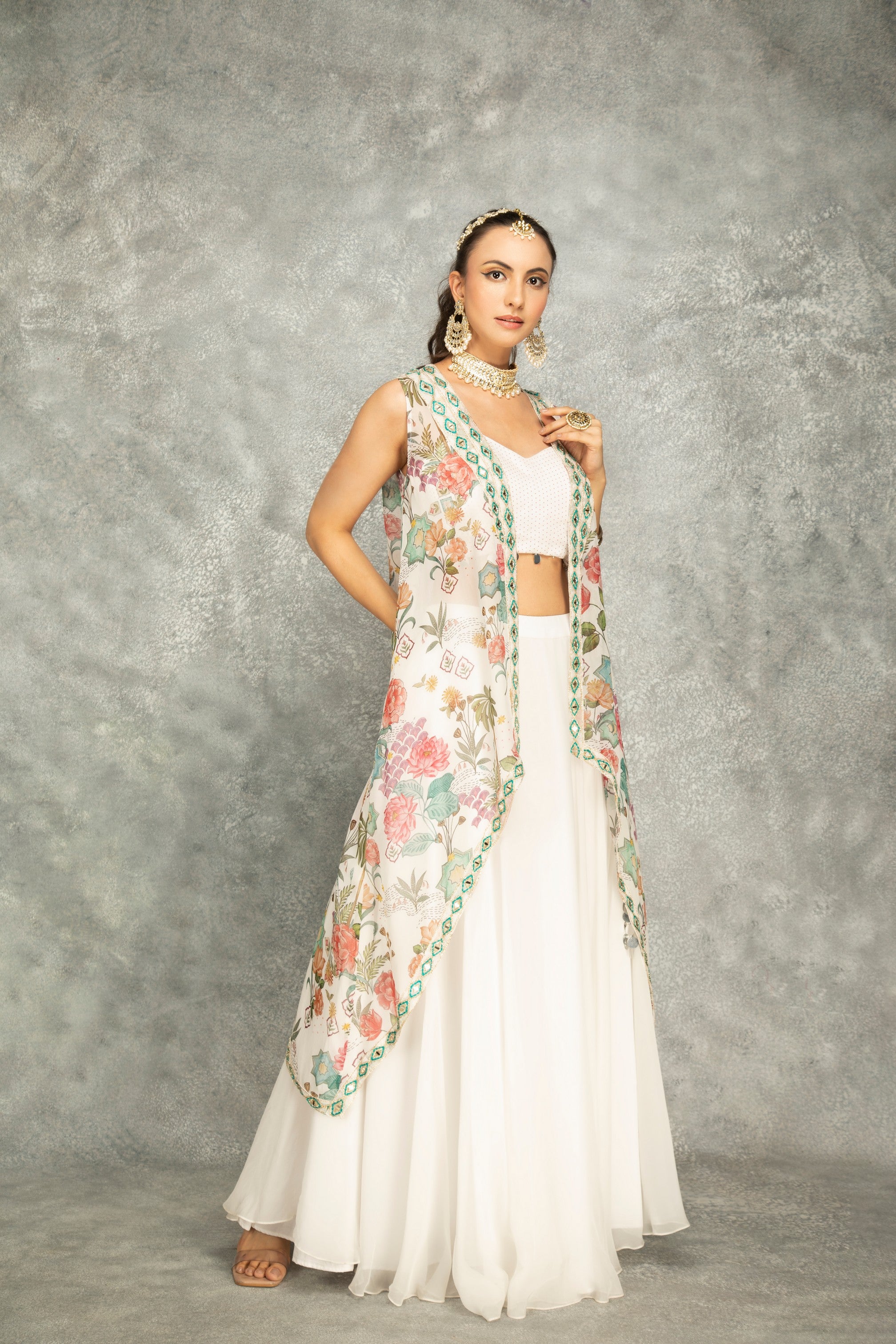 Peach Mirror Embroidered Cape w/Skirt and Crop Top Bustier