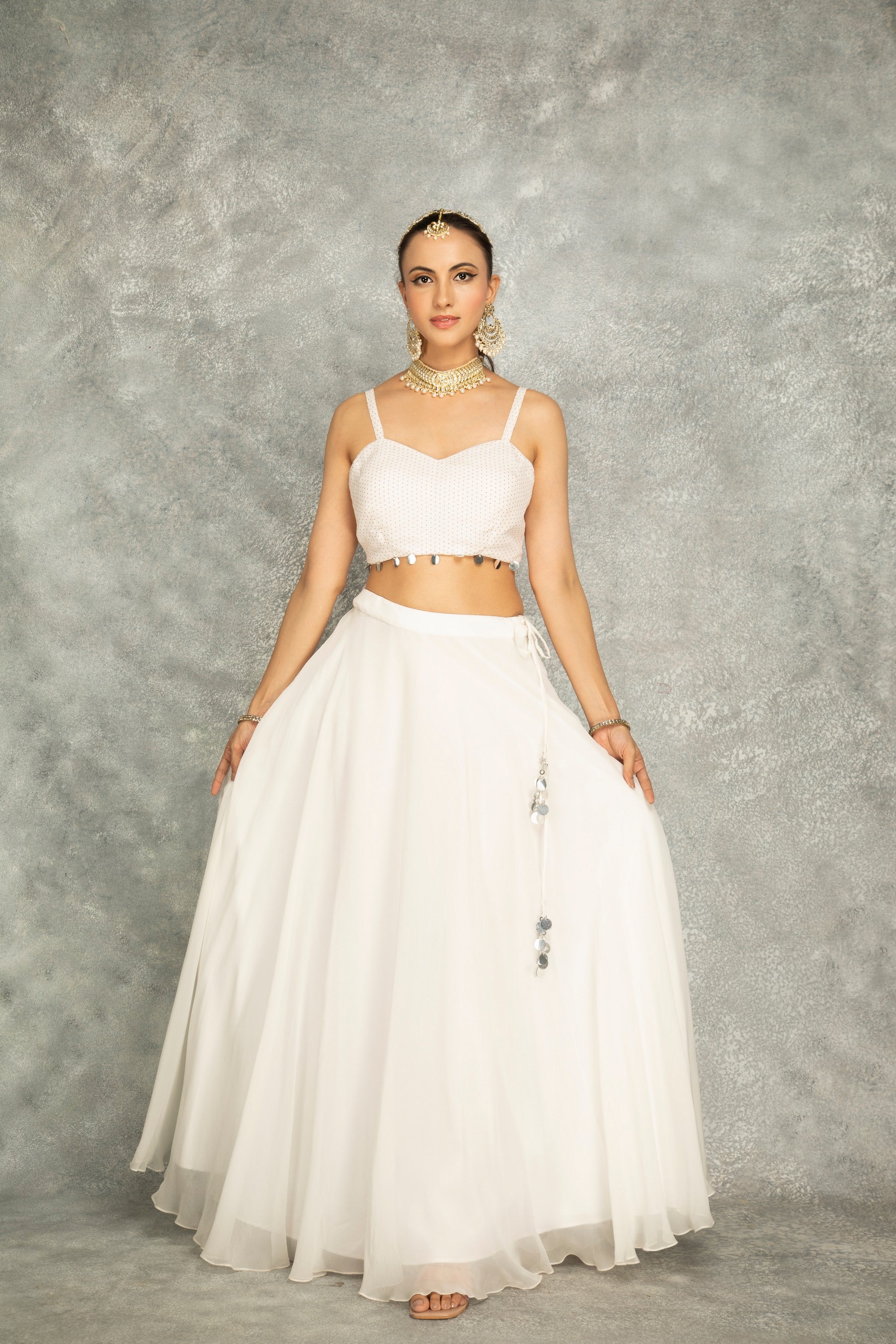 Peach Mirror Embroidered Cape w/Skirt and Crop Top Bustier