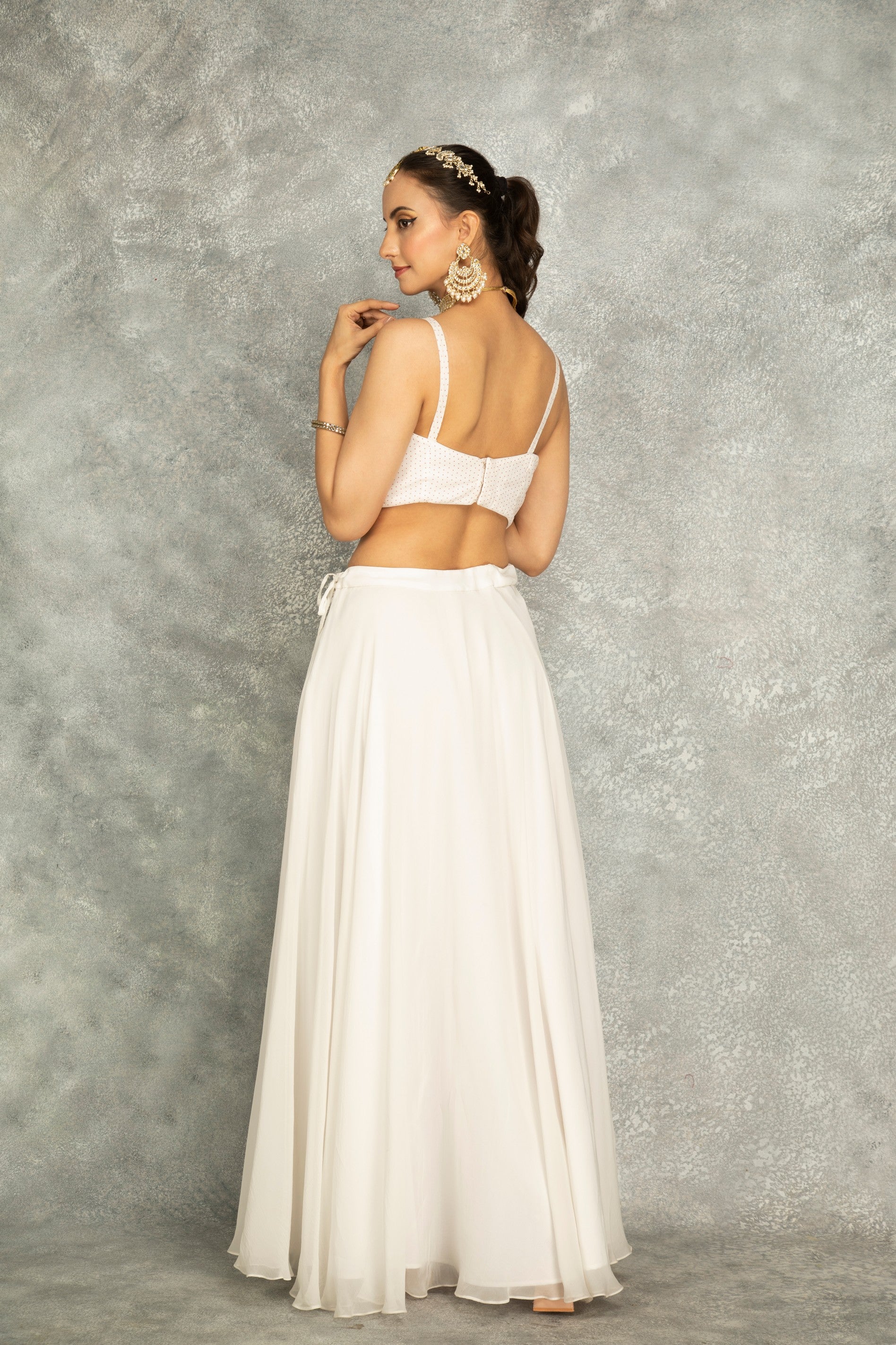 Peach Mirror Embroidered Cape w/Skirt and Crop Top Bustier