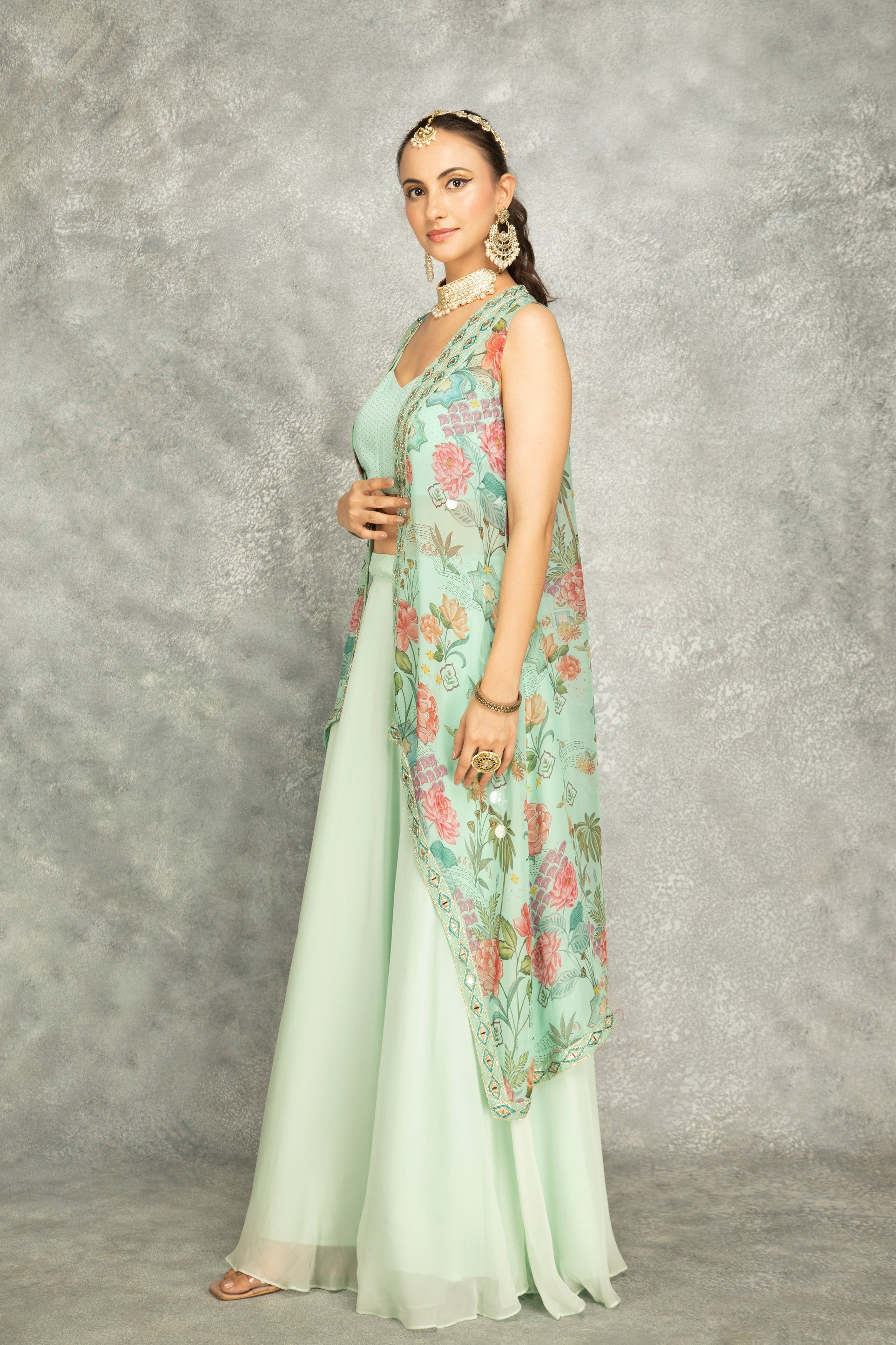 Turquoise Mirror Embroidered Cape w/Skirt and Crop Top Bustier
