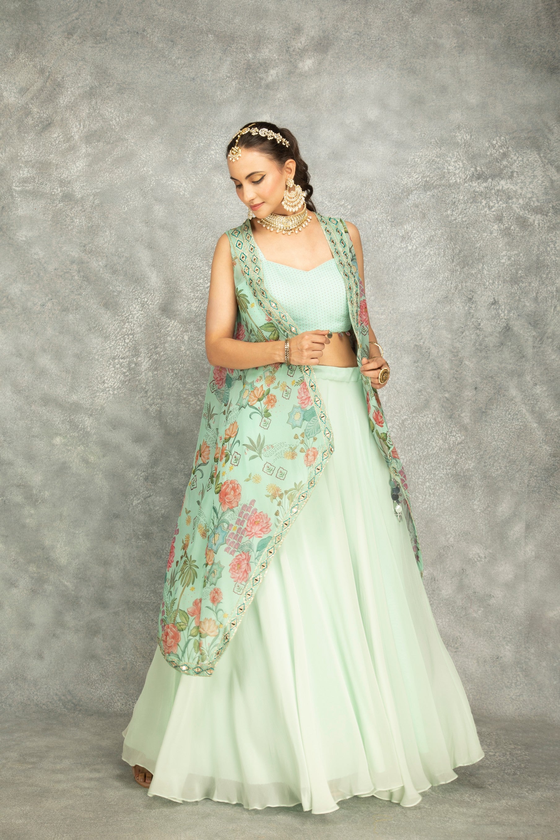Turquoise Mirror Embroidered Cape w/Skirt and Crop Top Bustier