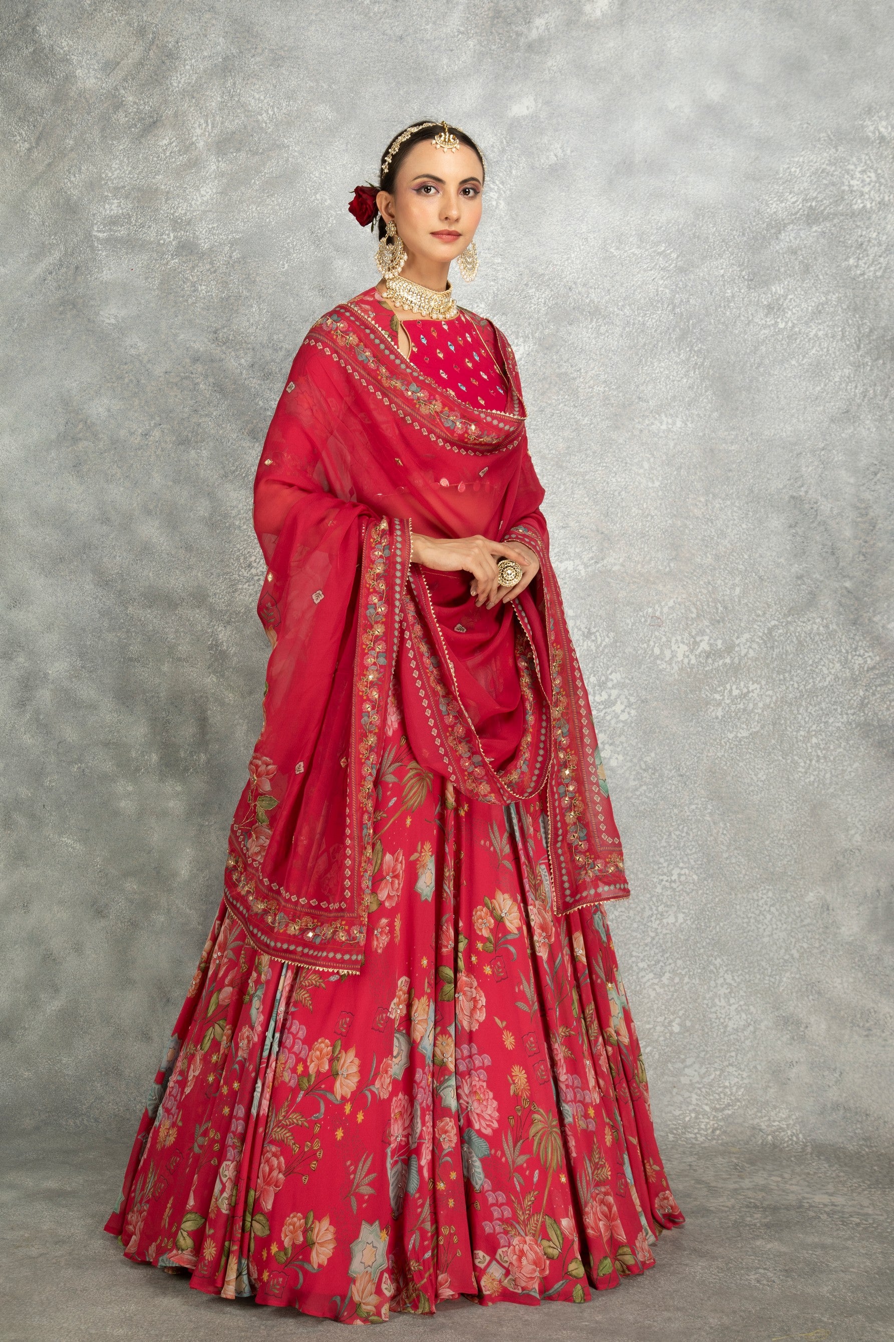 Hot Pink Embroidred Lehenga with Blouse & Dupatta