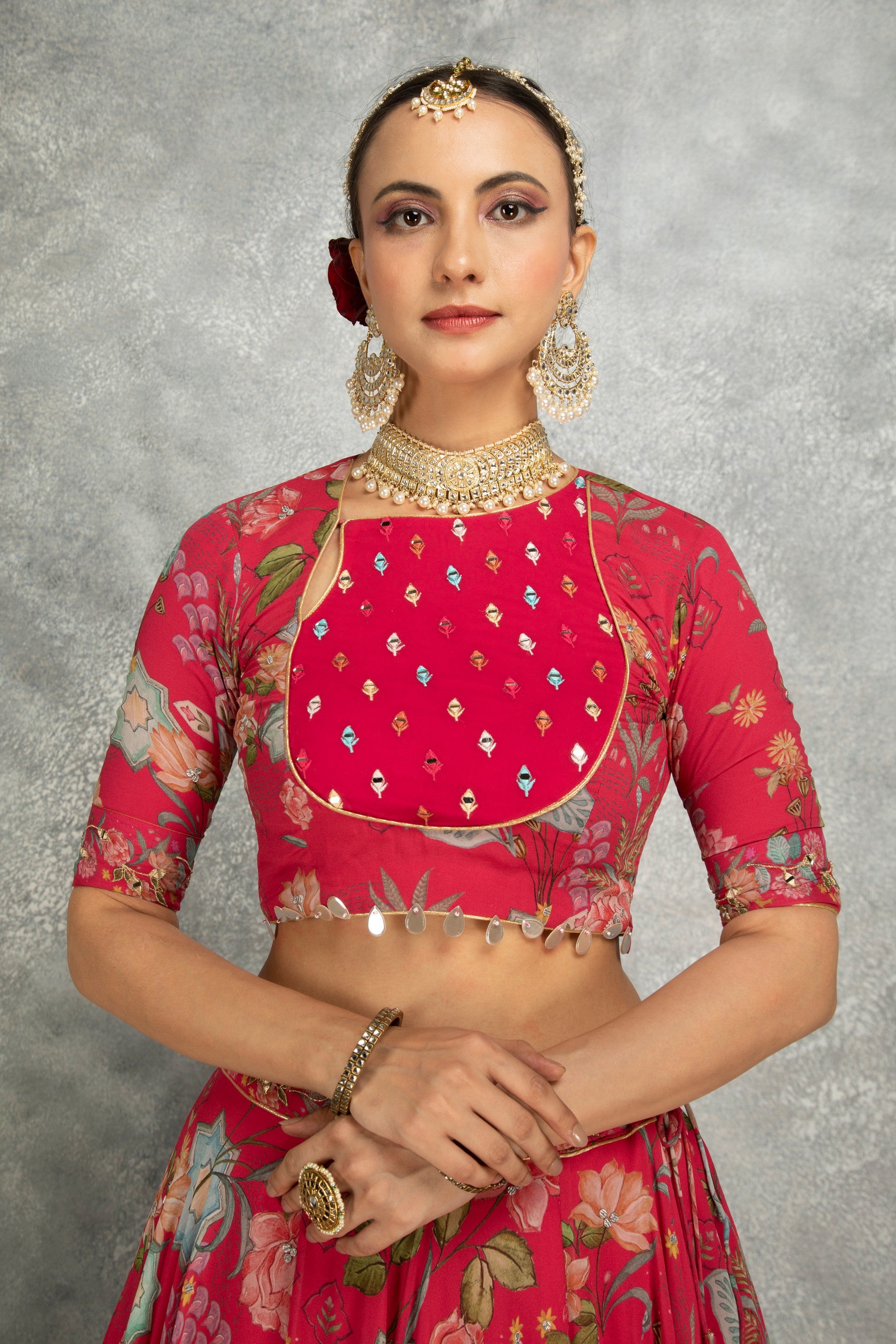 Hot Pink Embroidred Lehenga with Blouse & Dupatta