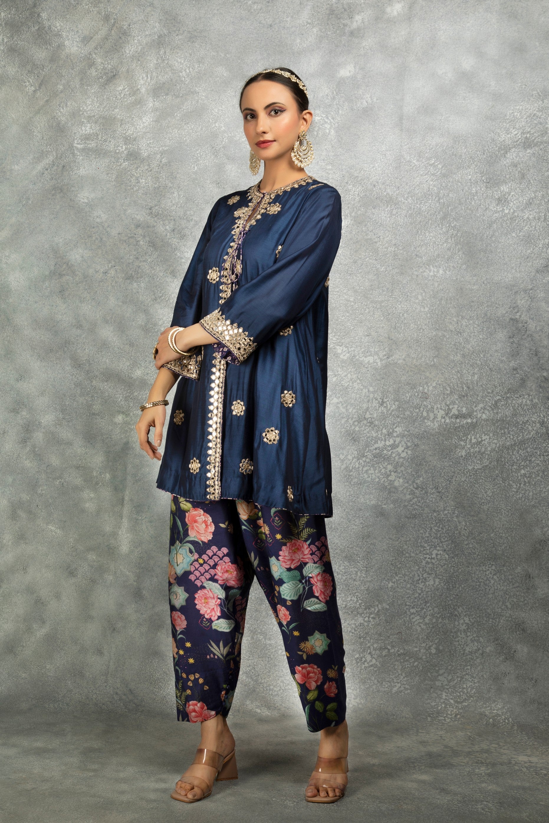 Blue Mirror Embroidered Angrakha with Printed Pants & Dupatta Set of 3