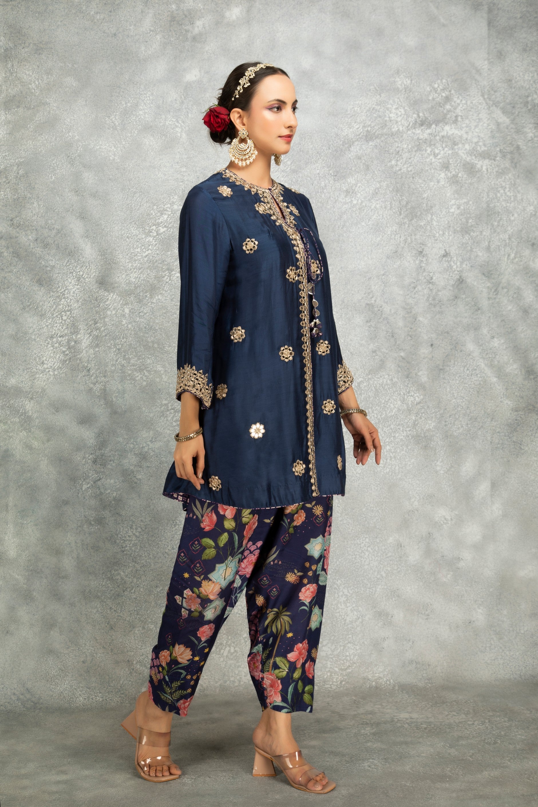 Blue Mirror Embroidered Angrakha with Printed Pants & Dupatta Set of 3