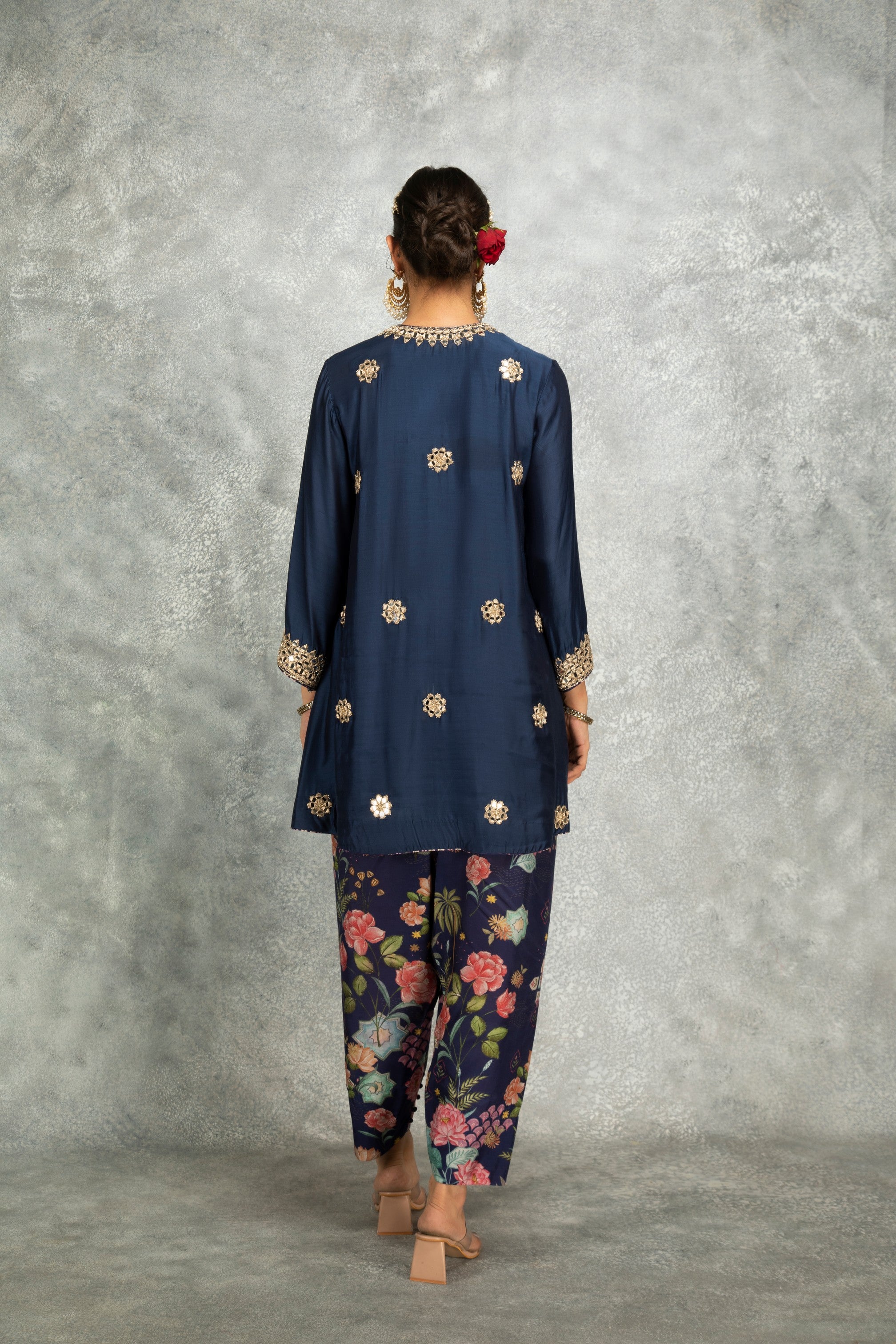 Blue Mirror Embroidered Angrakha with Printed Pants & Dupatta Set of 3