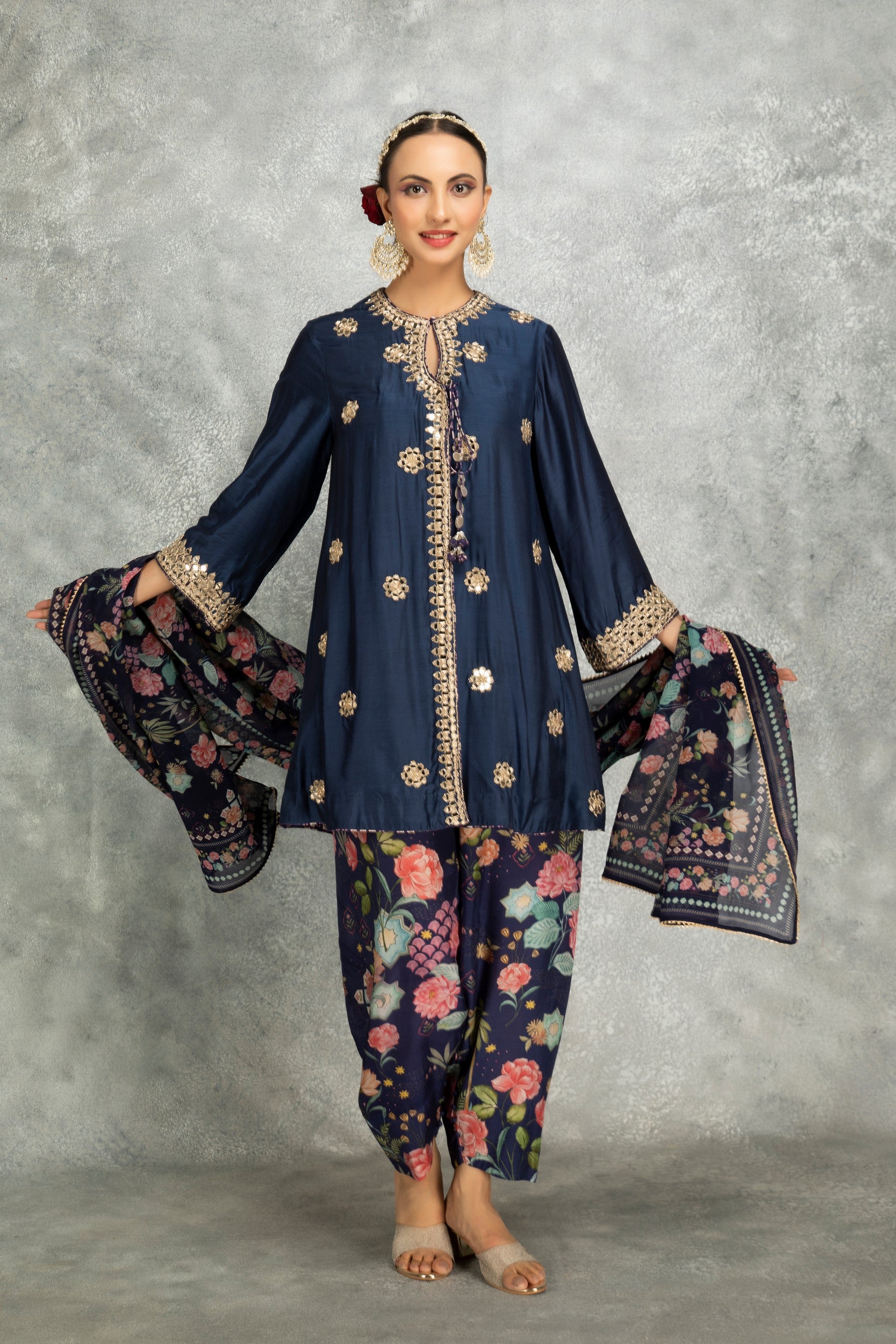 Blue Mirror Embroidered Angrakha with Printed Pants & Dupatta Set of 3