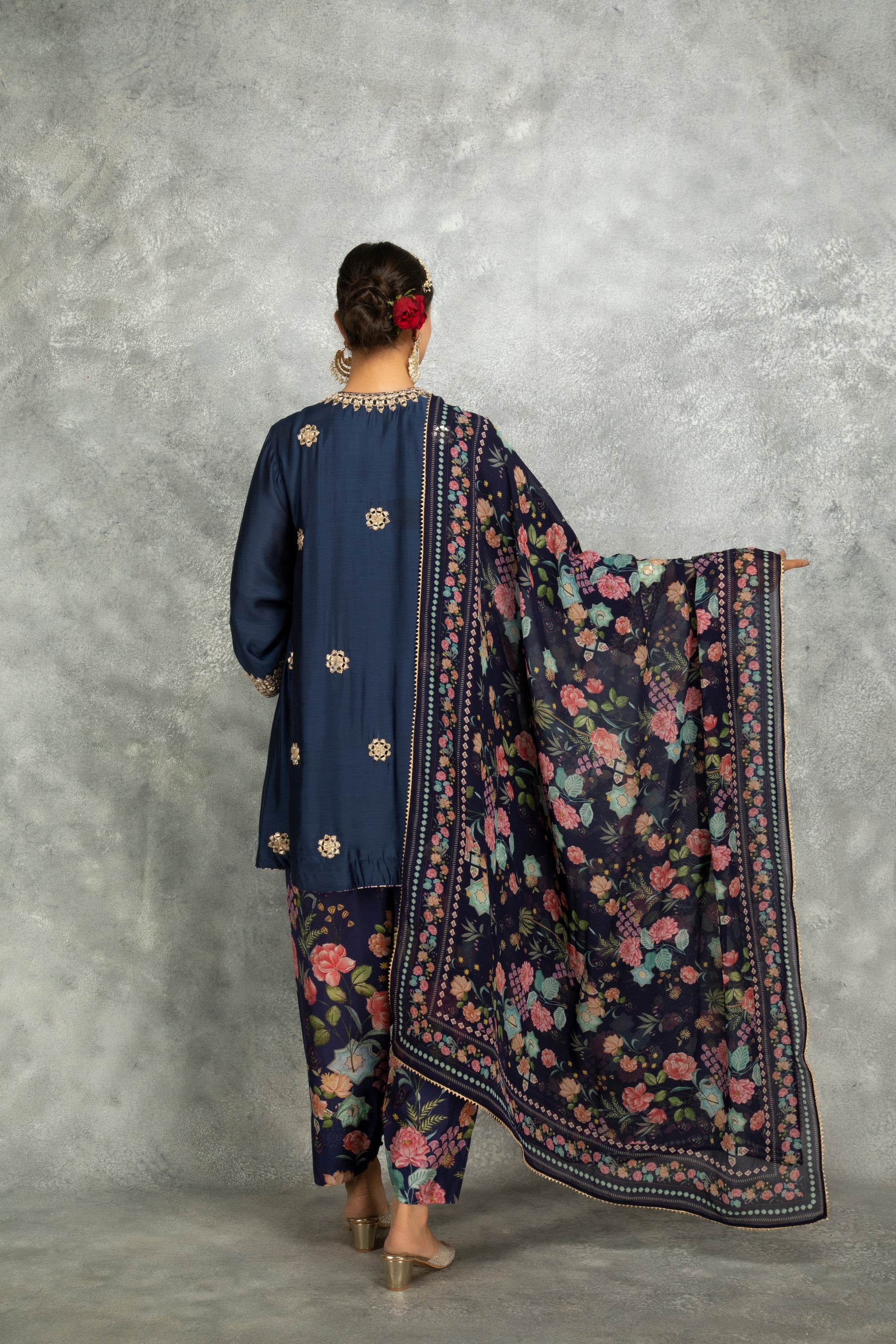 Blue Mirror Embroidered Angrakha with Printed Pants & Dupatta Set of 3