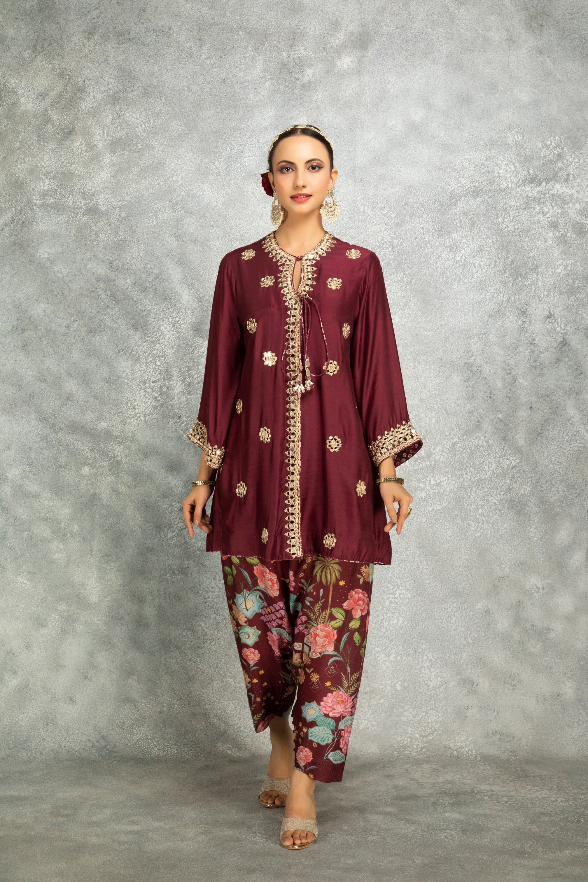 Wine Mirror Embroidered Angrakha with Printed Pants & Dupatta Set of 3