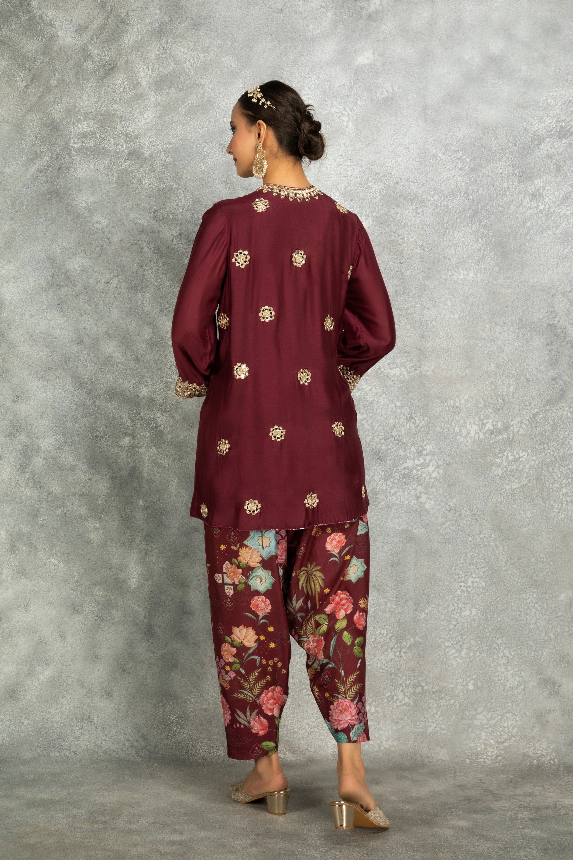 Wine Mirror Embroidered Angrakha with Printed Pants & Dupatta Set of 3