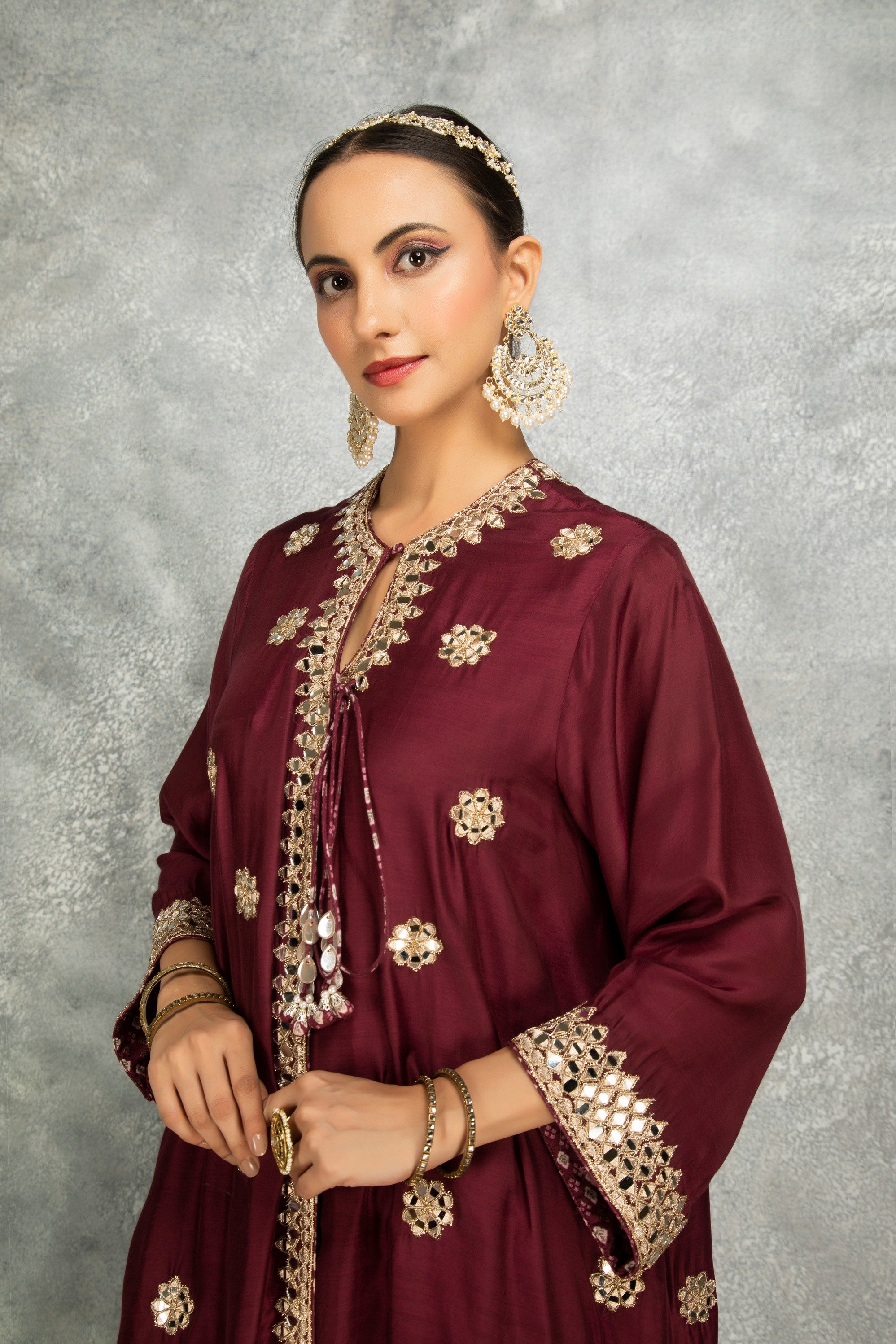 Wine Mirror Embroidered Angrakha with Printed Pants & Dupatta Set of 3