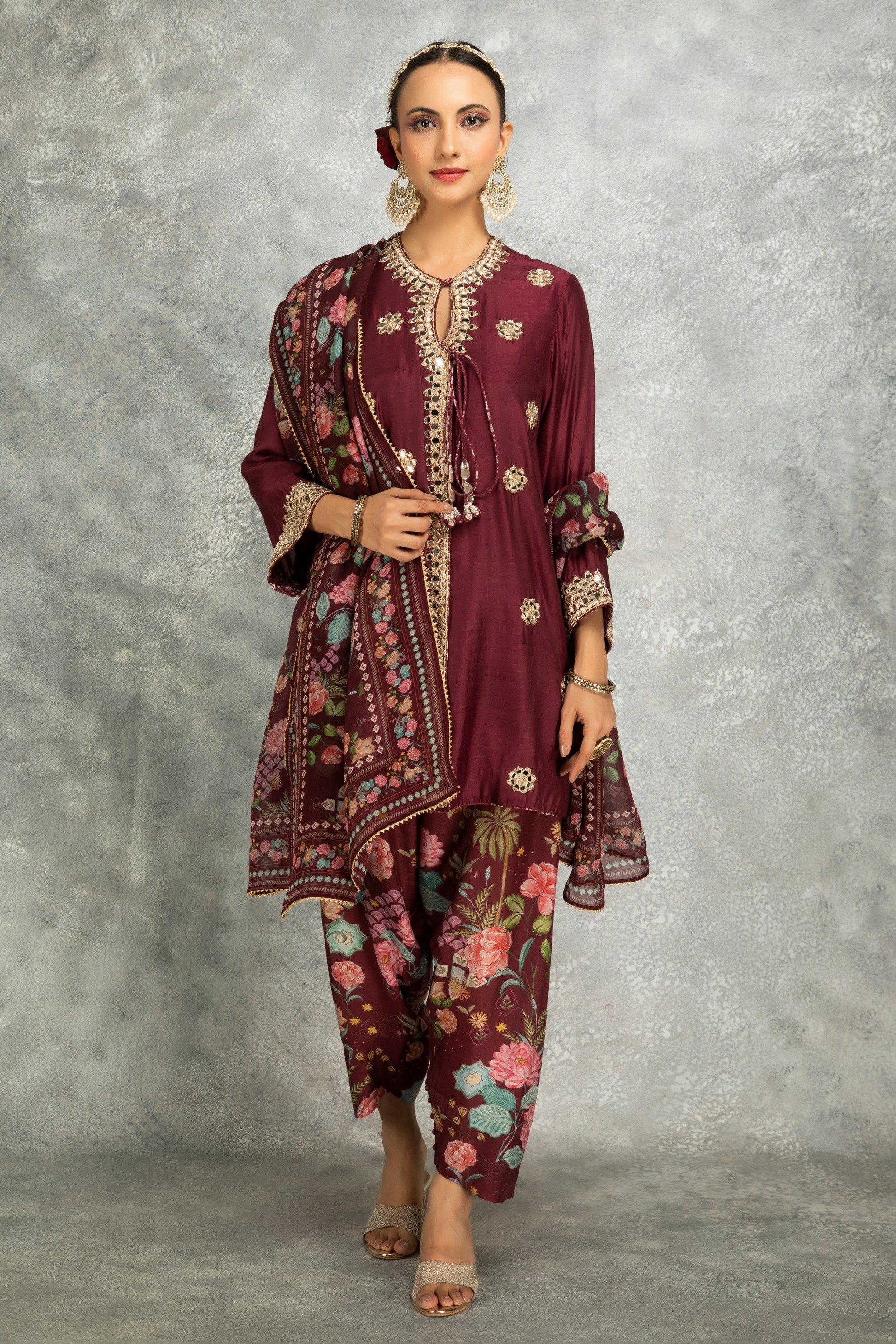 Wine Mirror Embroidered Angrakha with Printed Pants & Dupatta Set of 3