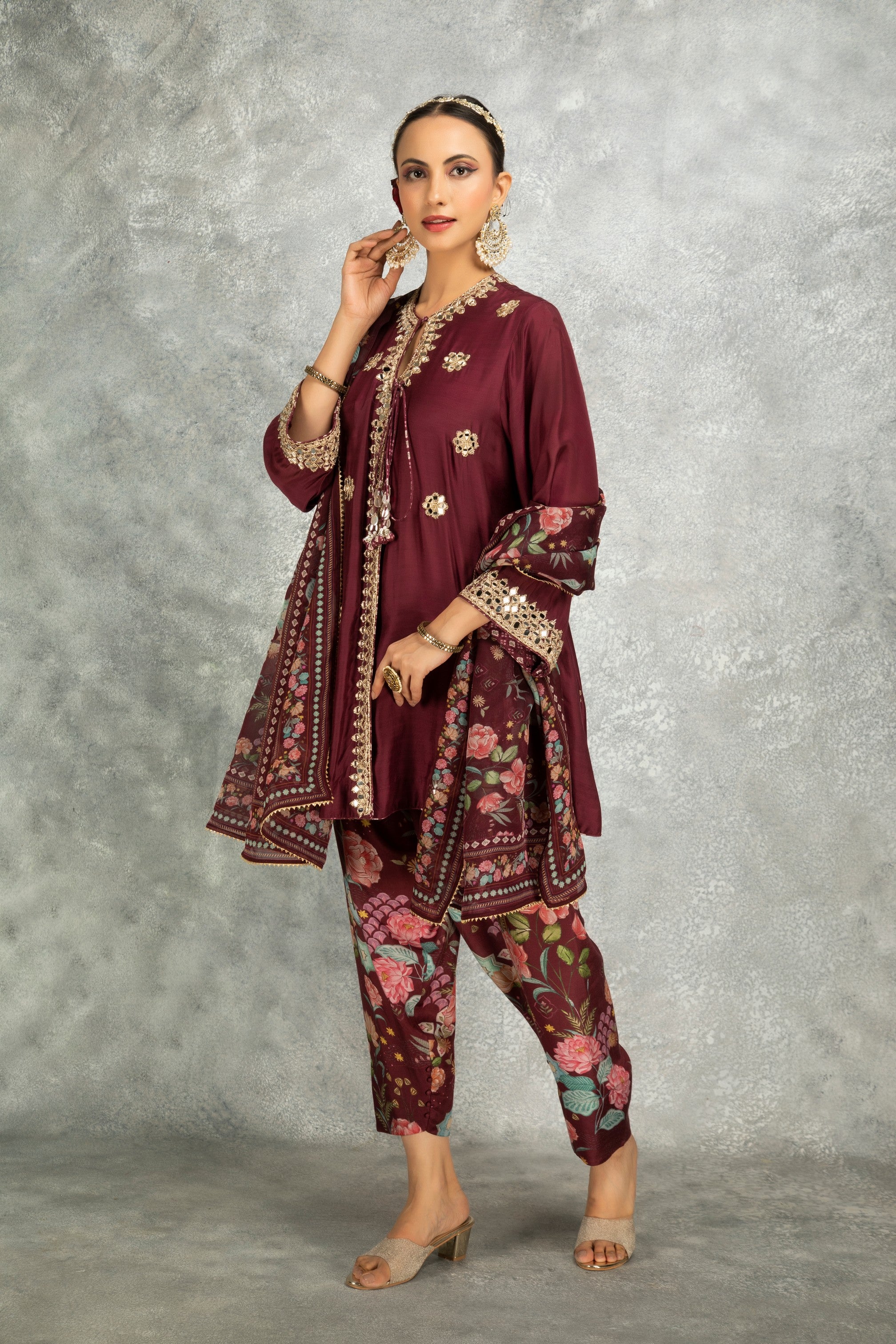 Wine Mirror Embroidered Angrakha with Printed Pants & Dupatta Set of 3