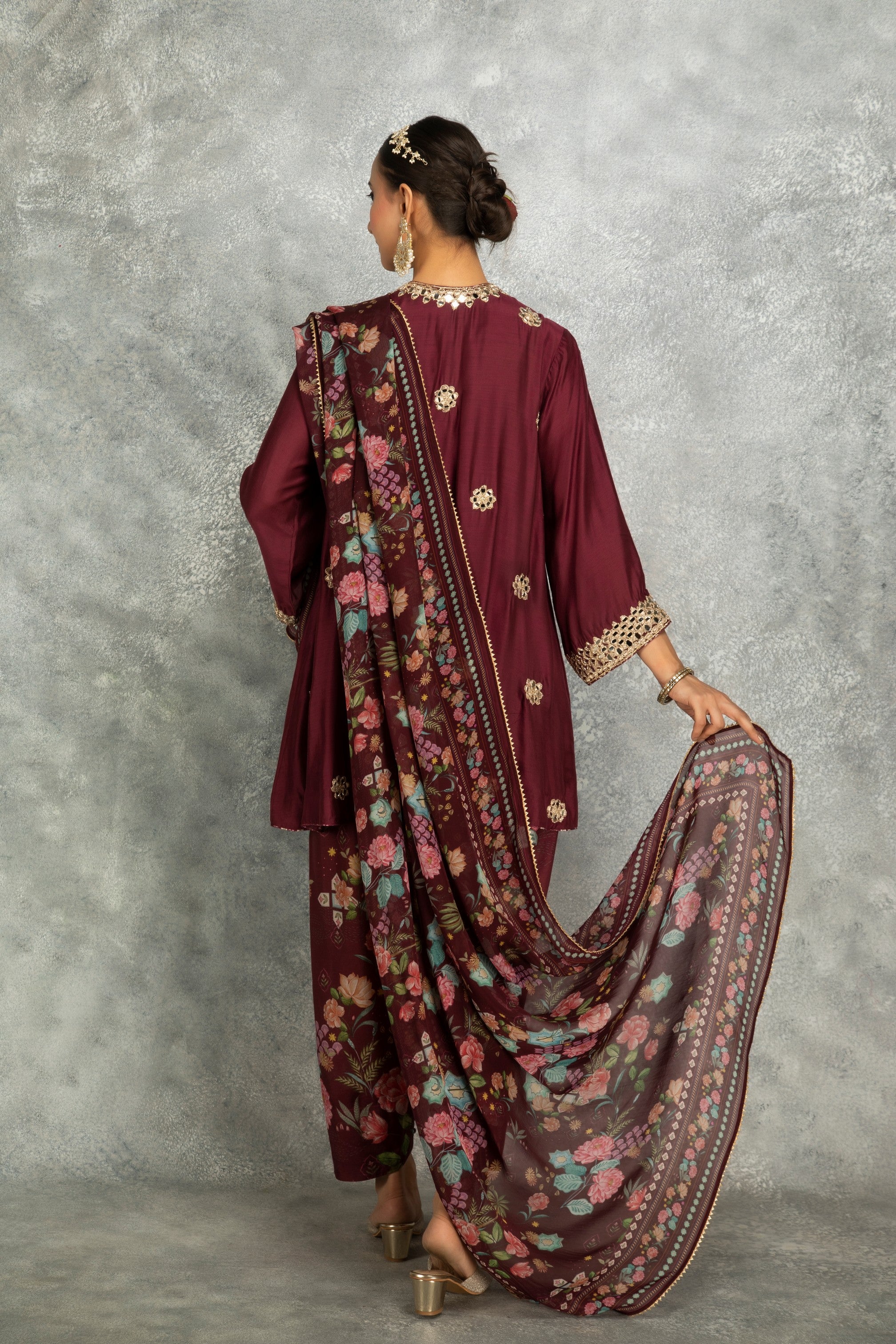 Wine Mirror Embroidered Angrakha with Printed Pants & Dupatta Set of 3