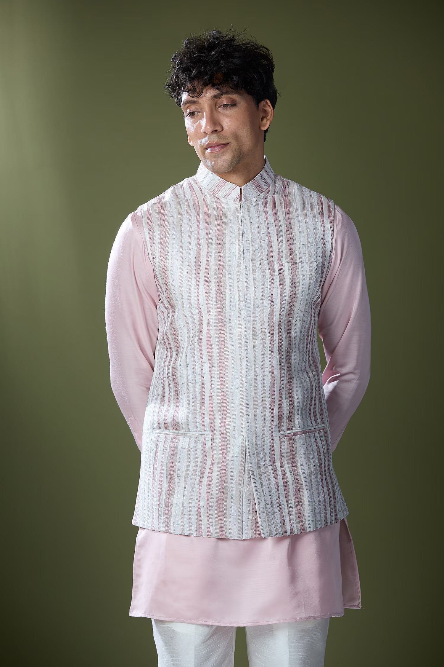 Powder Pink Embroidered Kurta-Jacket Set