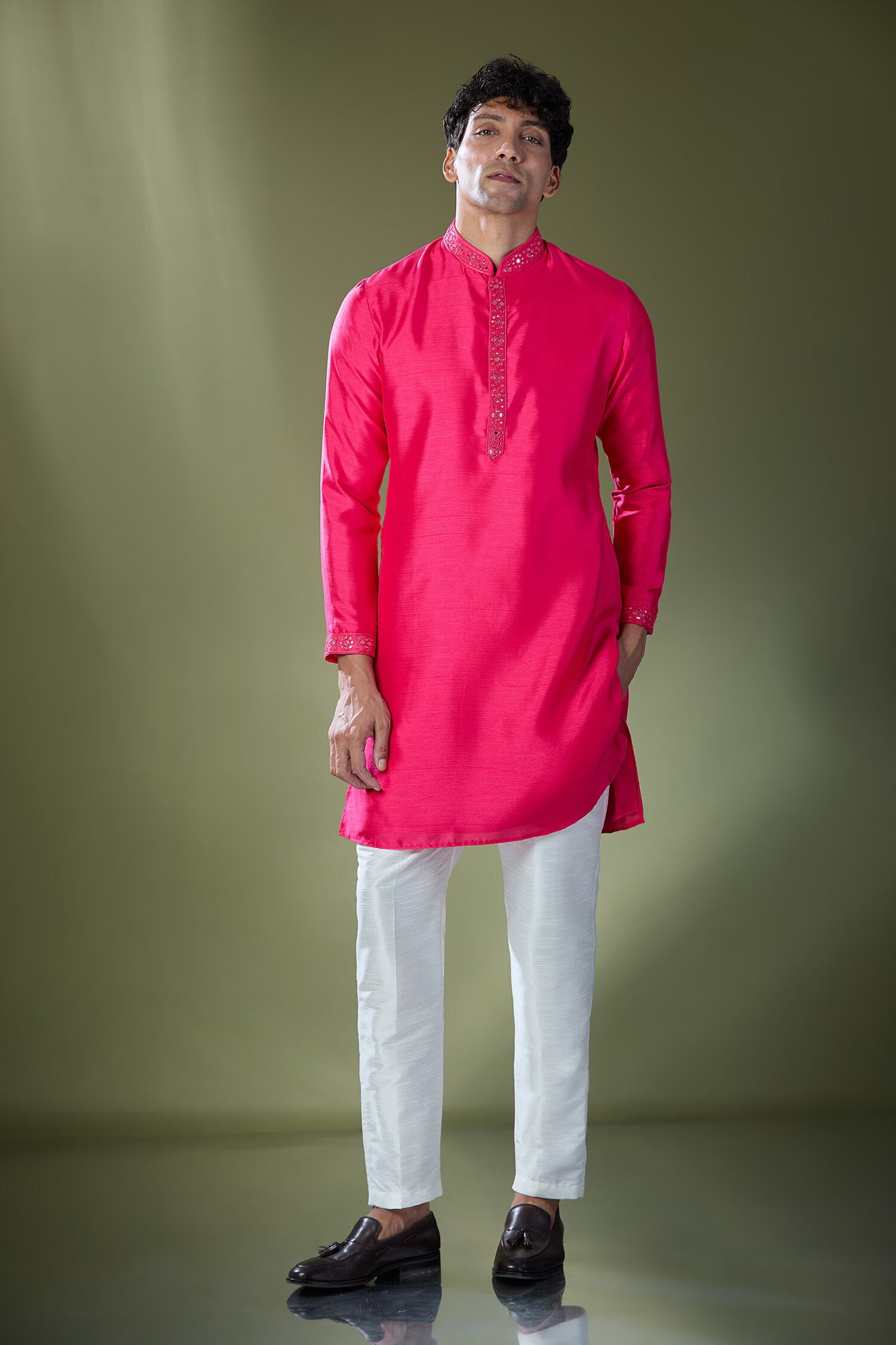 Fuscia Mirror Embroidered Kurta Set