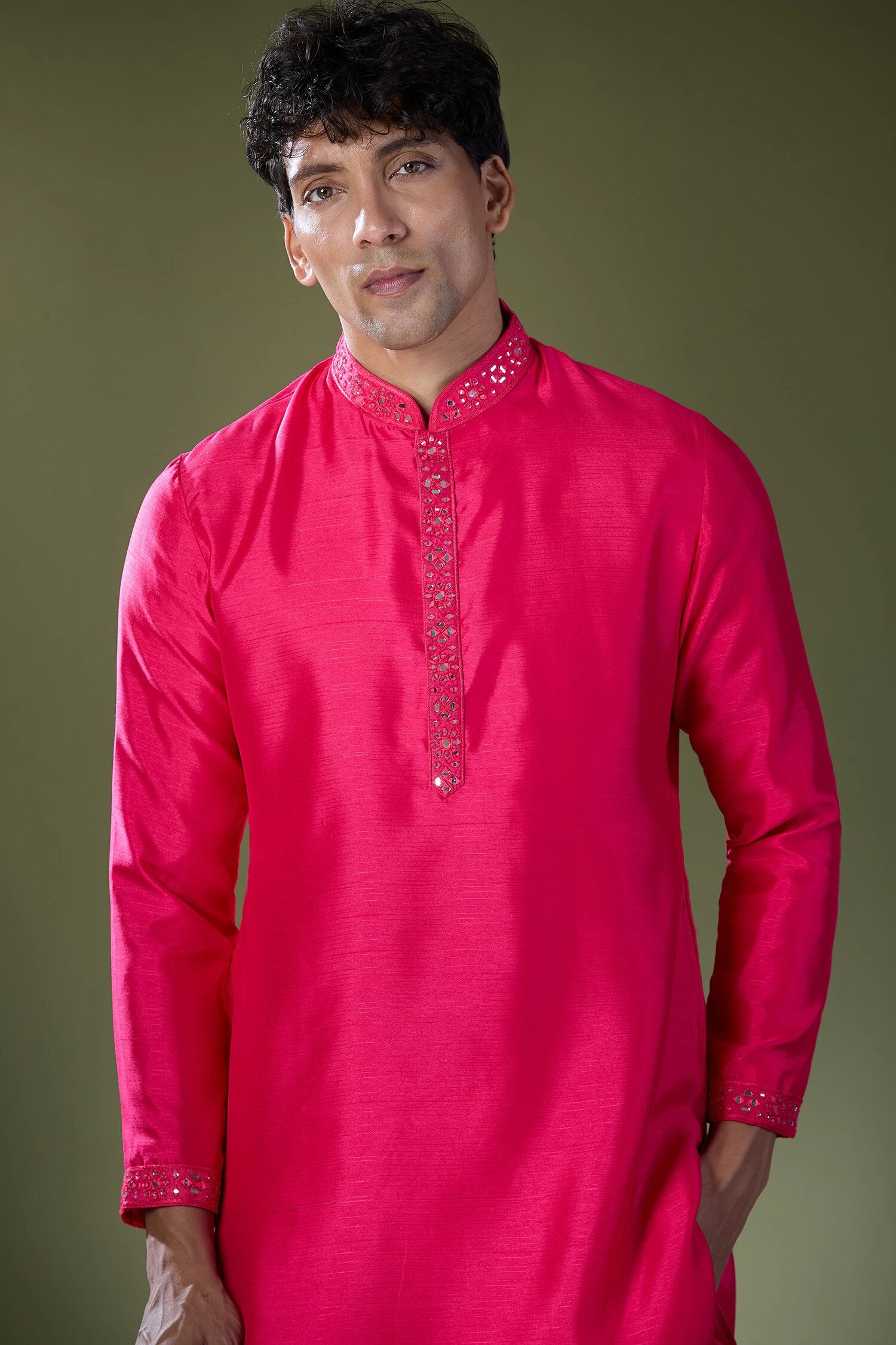 Fuscia Mirror Embroidered Kurta Set