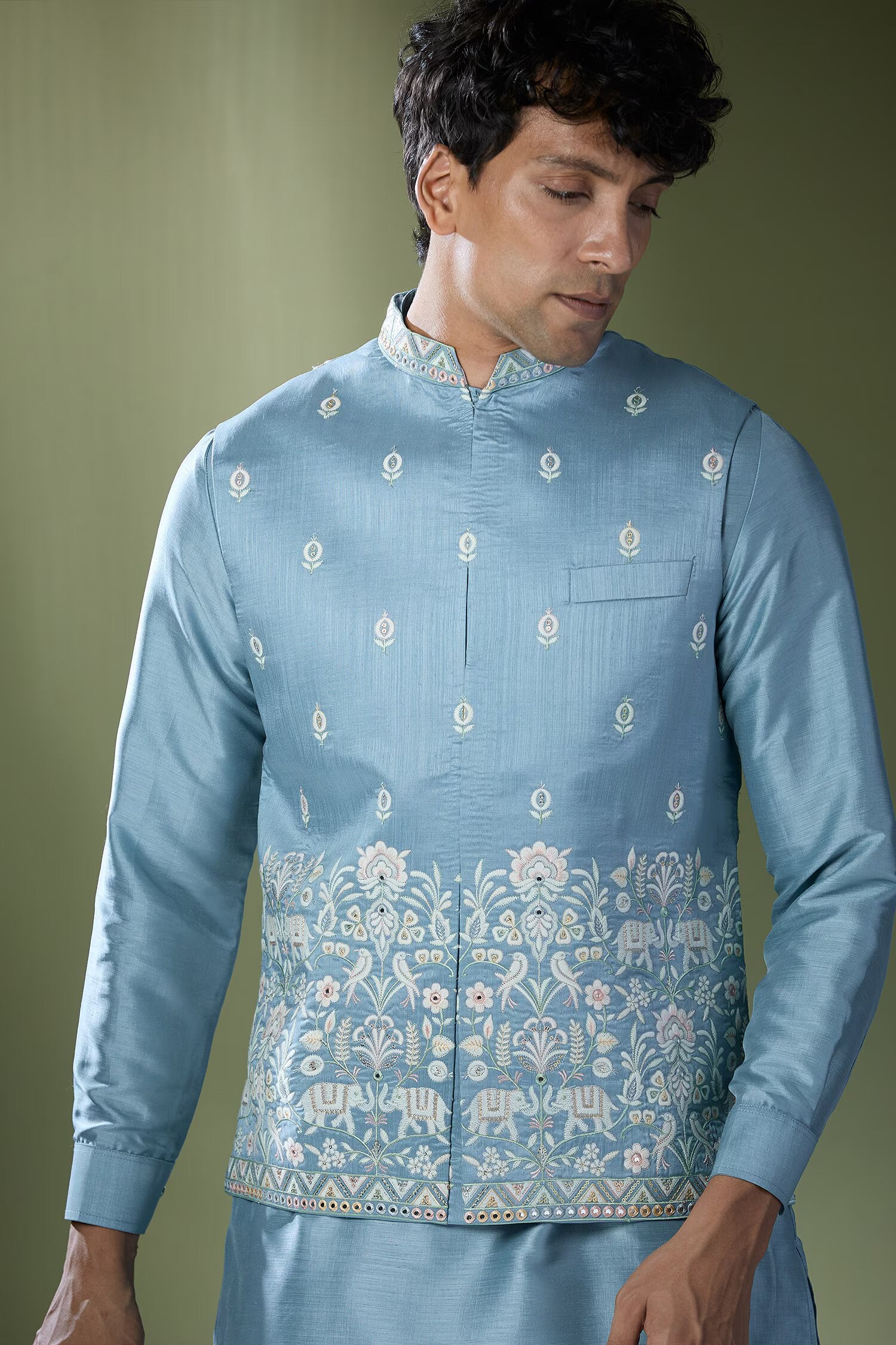 Blue Embroidered Kurta-Jacket Set