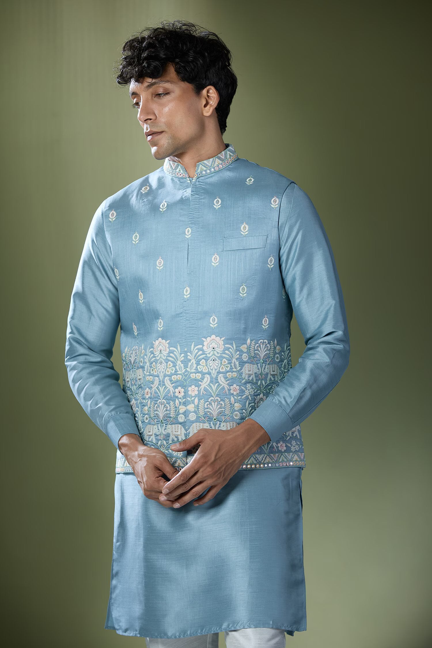 Blue Embroidered Kurta-Jacket Set
