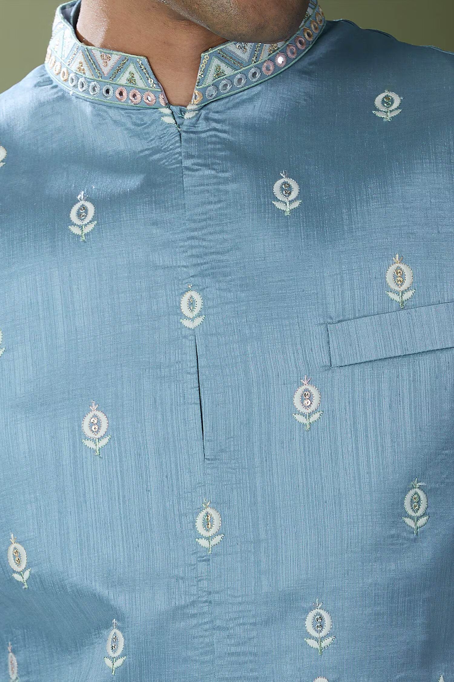 Blue Embroidered Kurta-Jacket Set