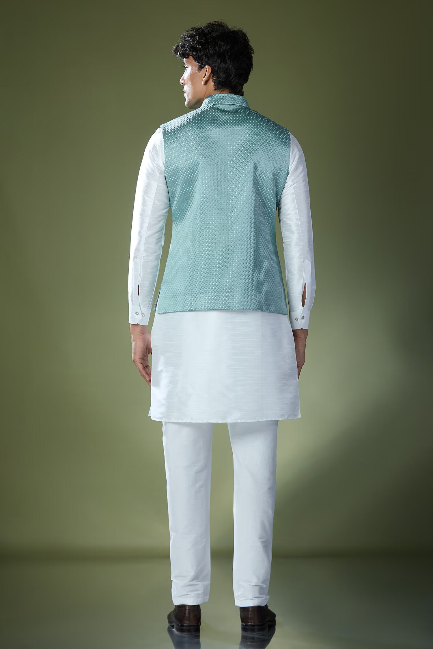 Teal Blue Quilted Kurta-Jacket Set