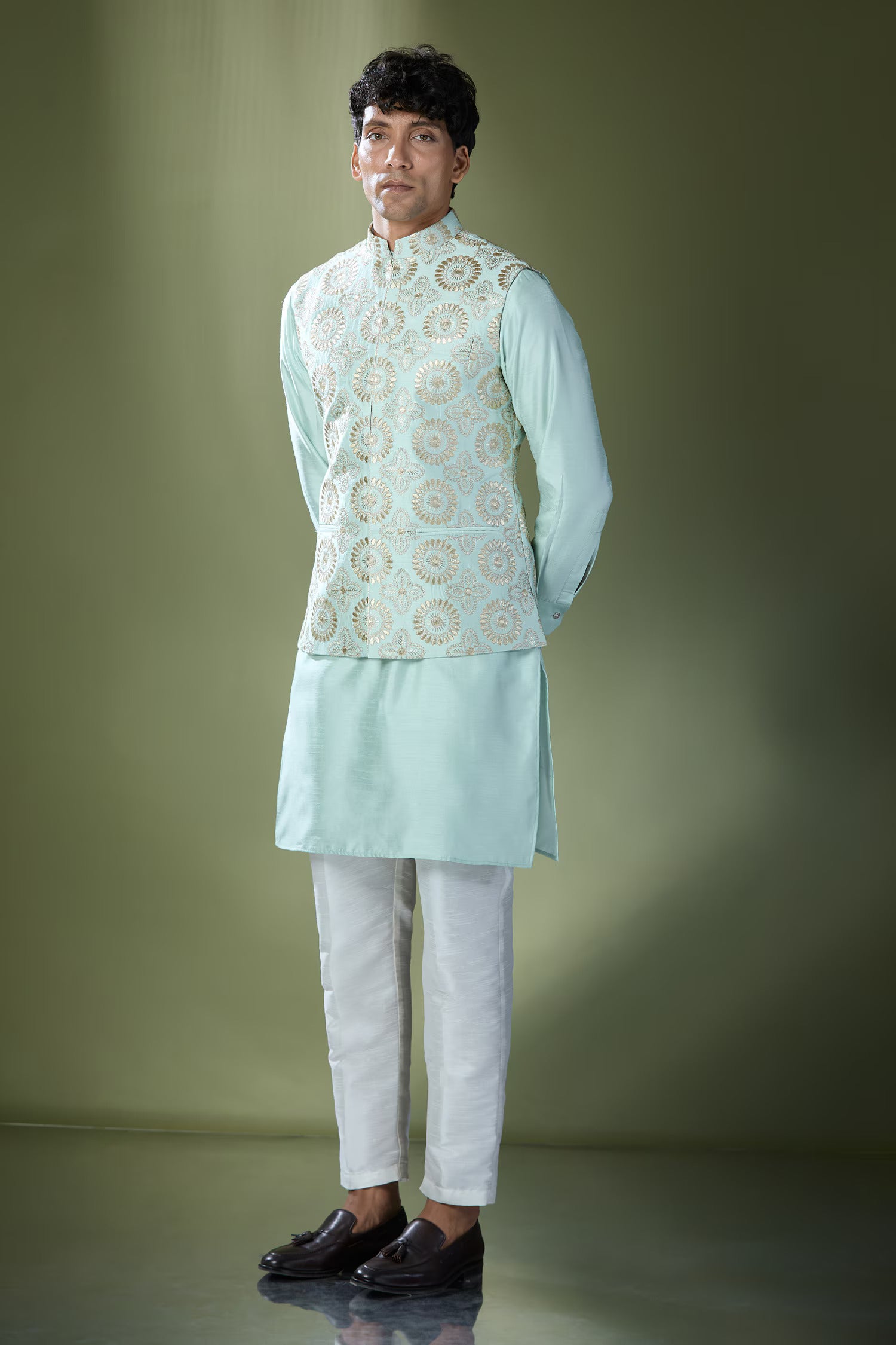 Sea Green Embroidered Kurta-Jacket Set