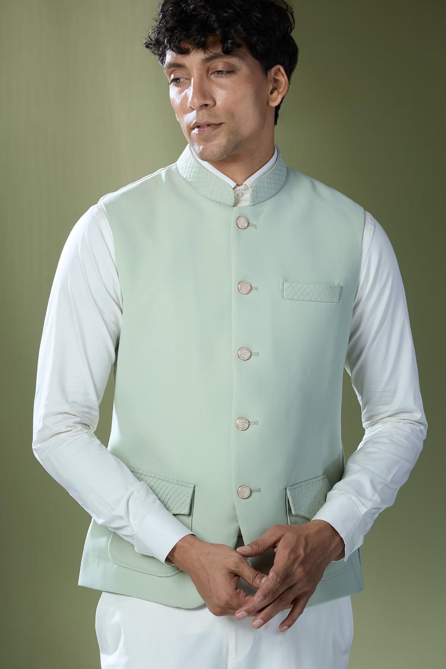Pista Green Stitch Jacket-Shirt-Pant Set