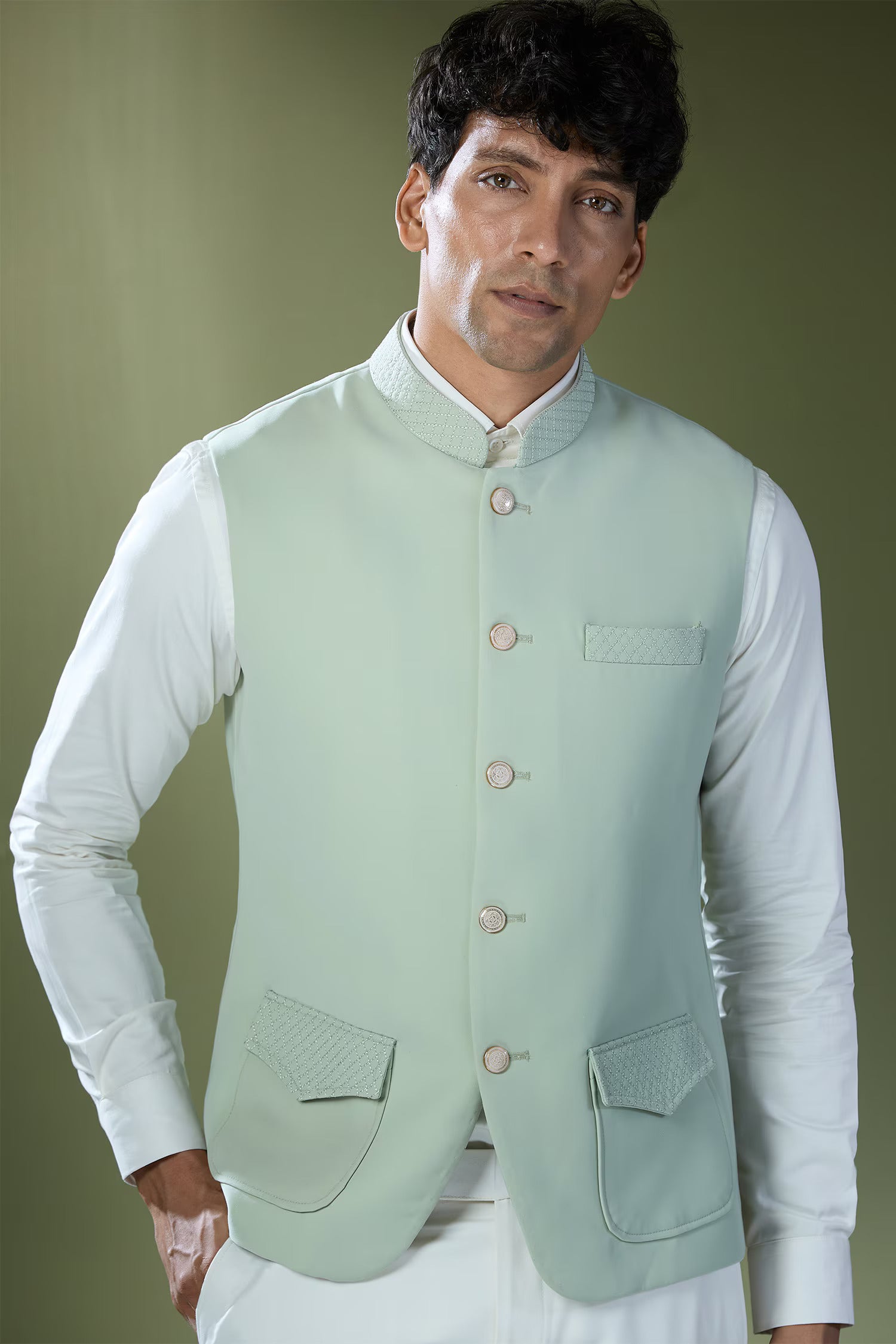 Pista Green Stitch Jacket-Shirt-Pant Set