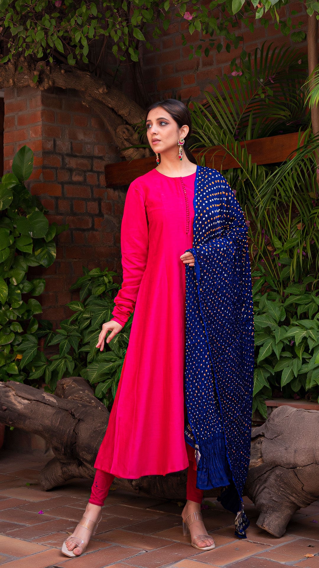 MAAHI CHANDERI SILK ANARKALI KURTA IN RANI PINK