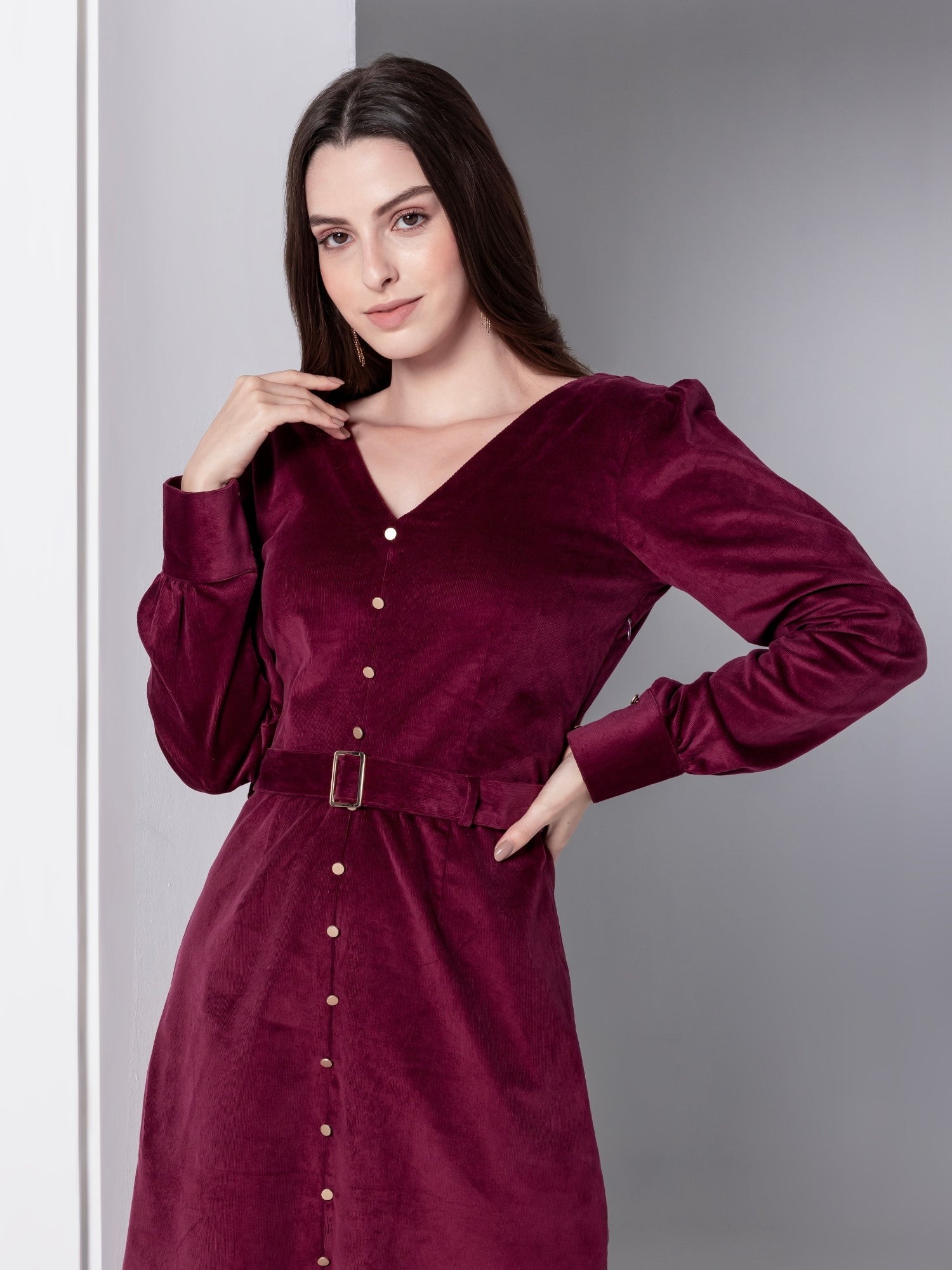 Bordeaux Grace Corduroy Midi Dress