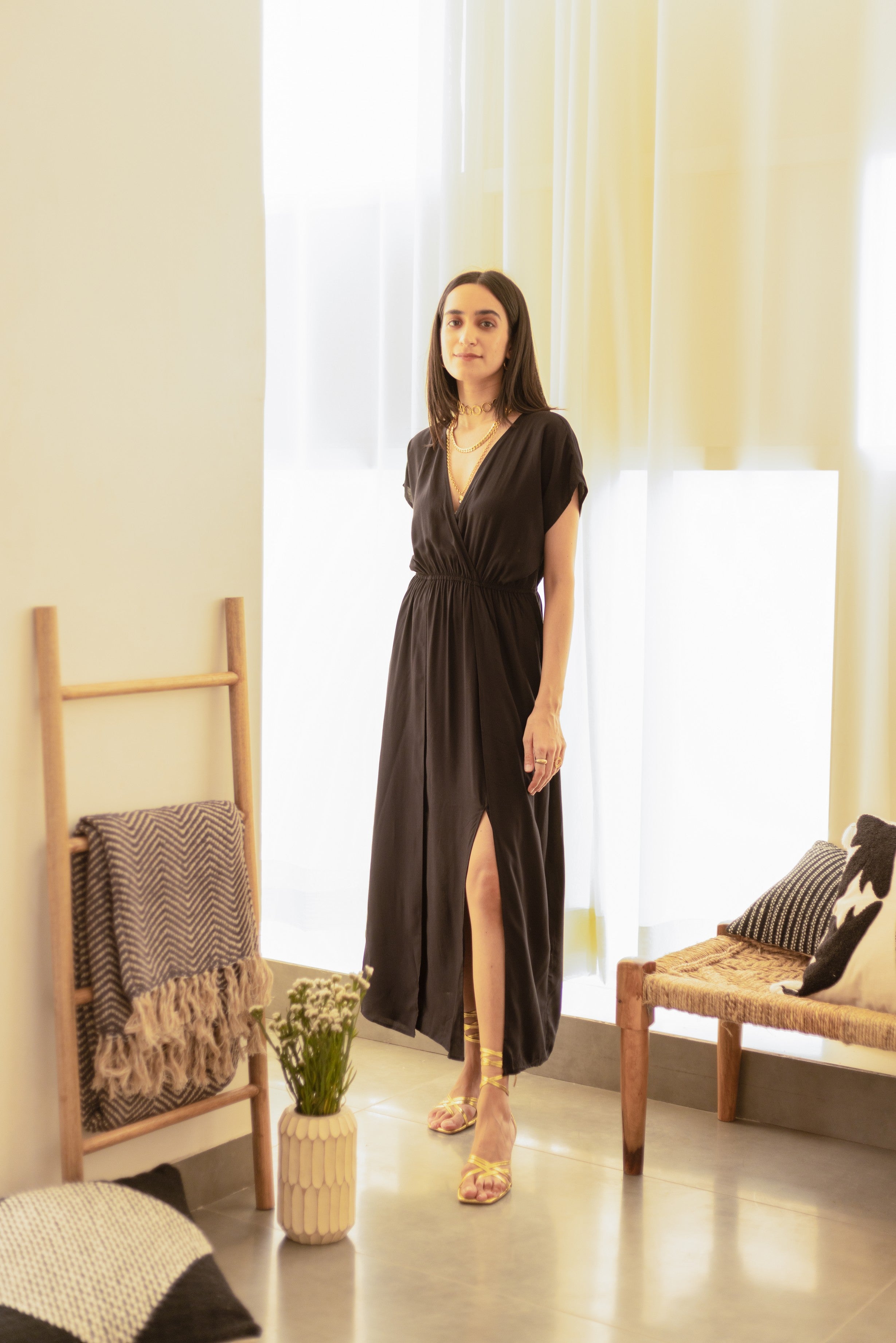 Black Rayon Midi Dress with Slit